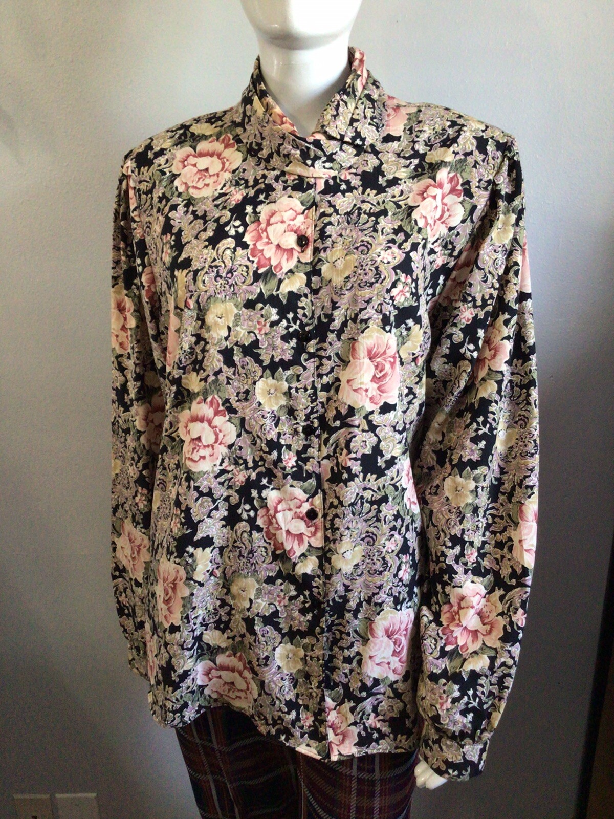 Vintage 70’s 80’s Bow Tie Neck Floral Button Front Secretary Style Blouse Sz 14