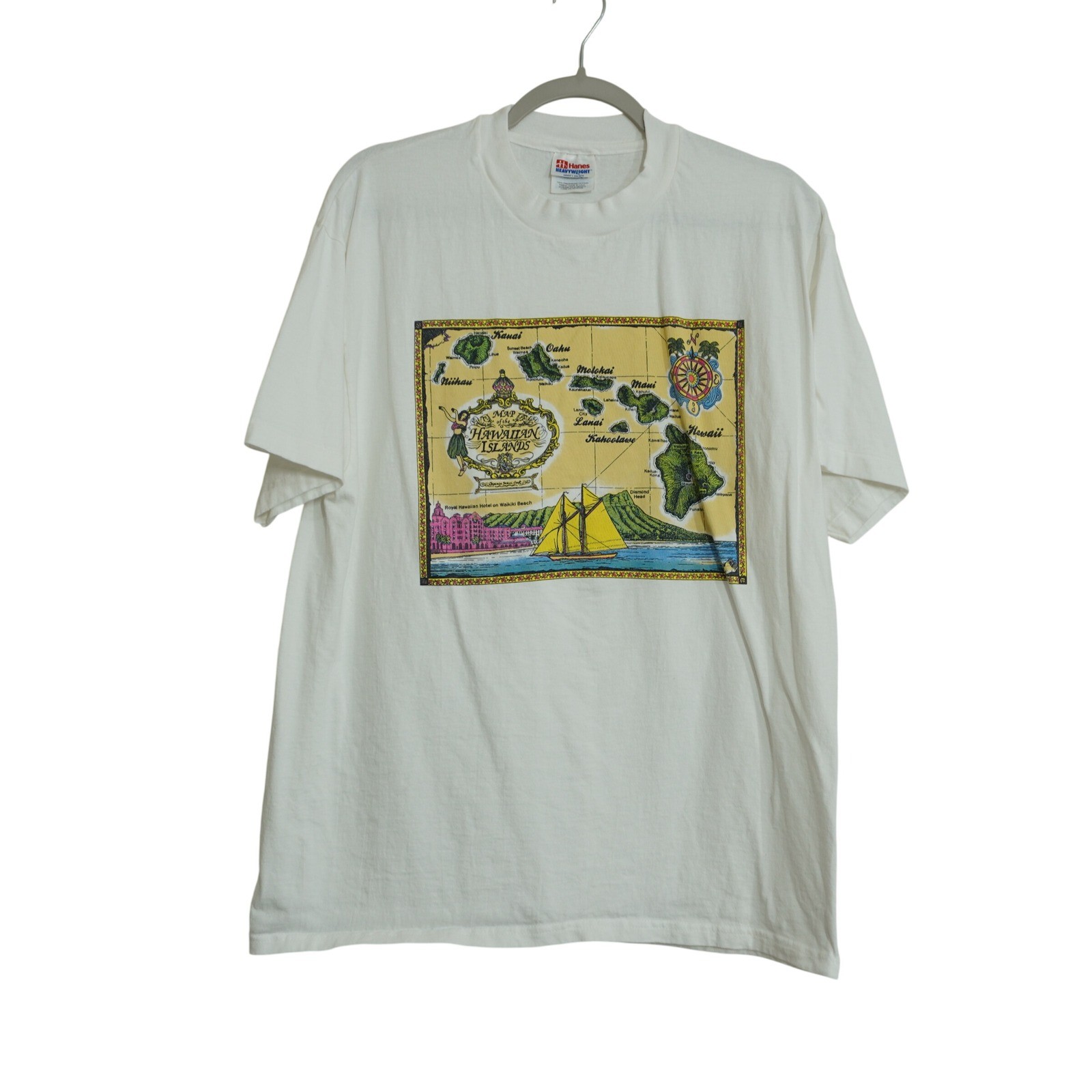 Vintage Single Stitch Hanes Hawaii Map T-Shirt White Heavyweight Graphic Large
