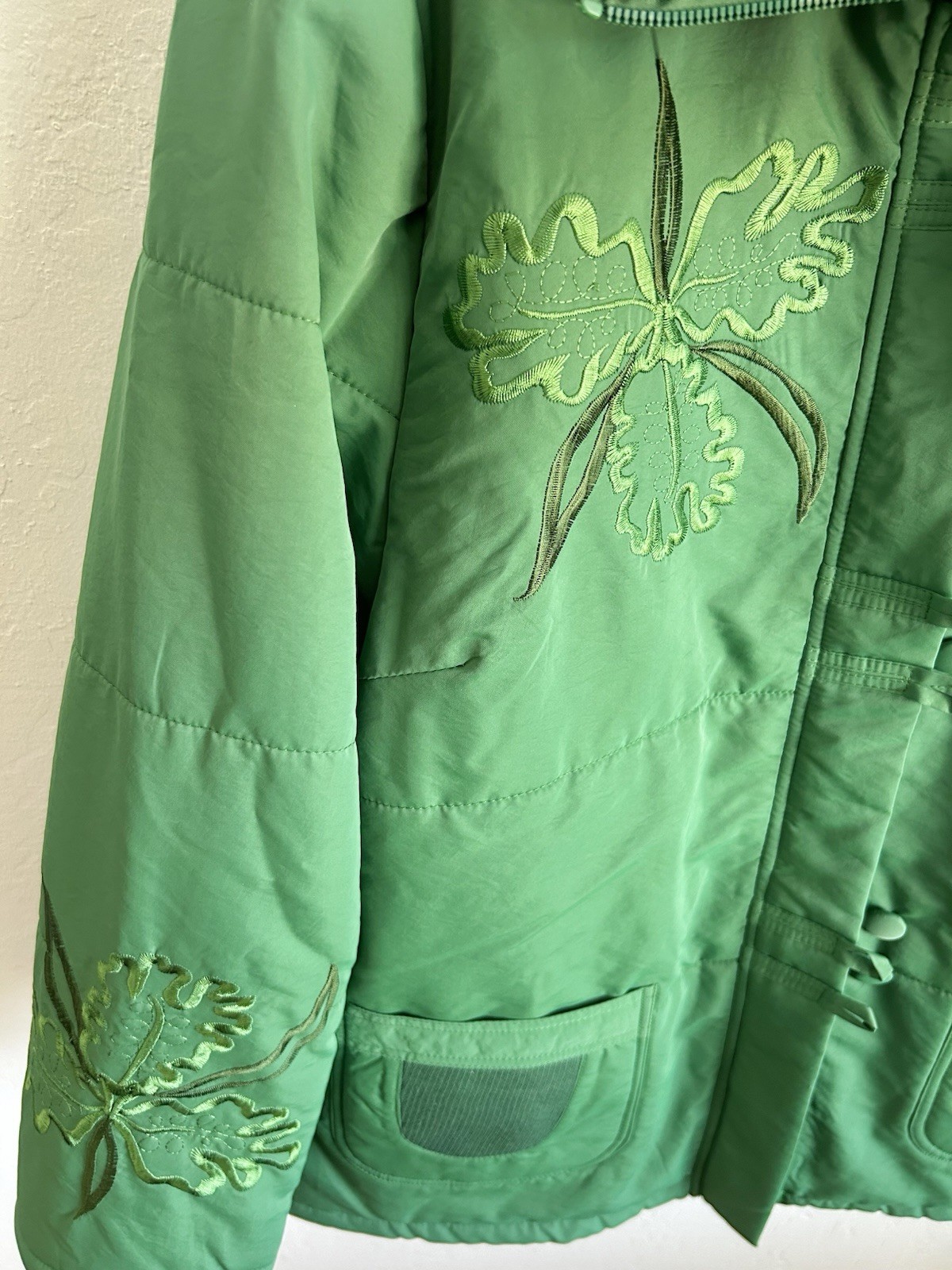 VTG Womens Green Quilted Modern Mandarin Jacket Floral Embroidered Size 3XL