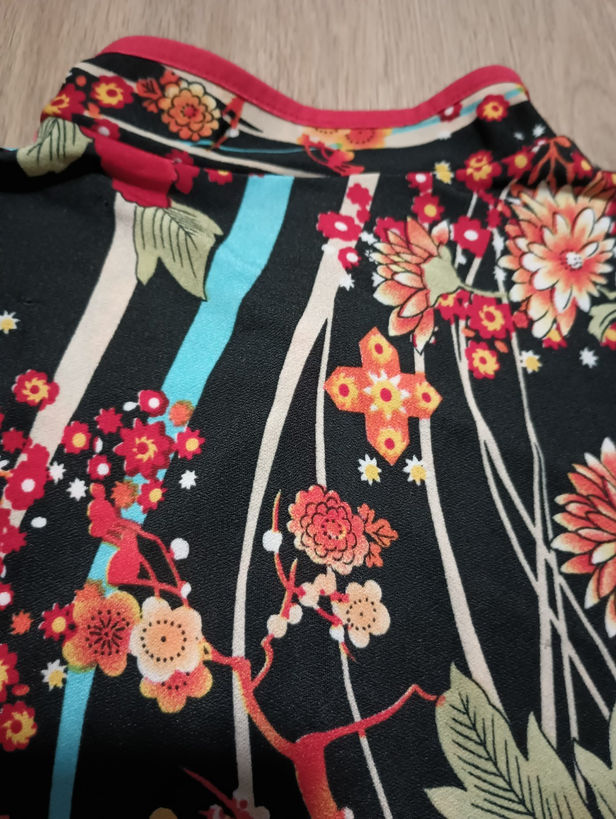 Vtg 90s Asian Art Artsy Painting Inspired Floral Mandarin Collar Stretchy Top XS