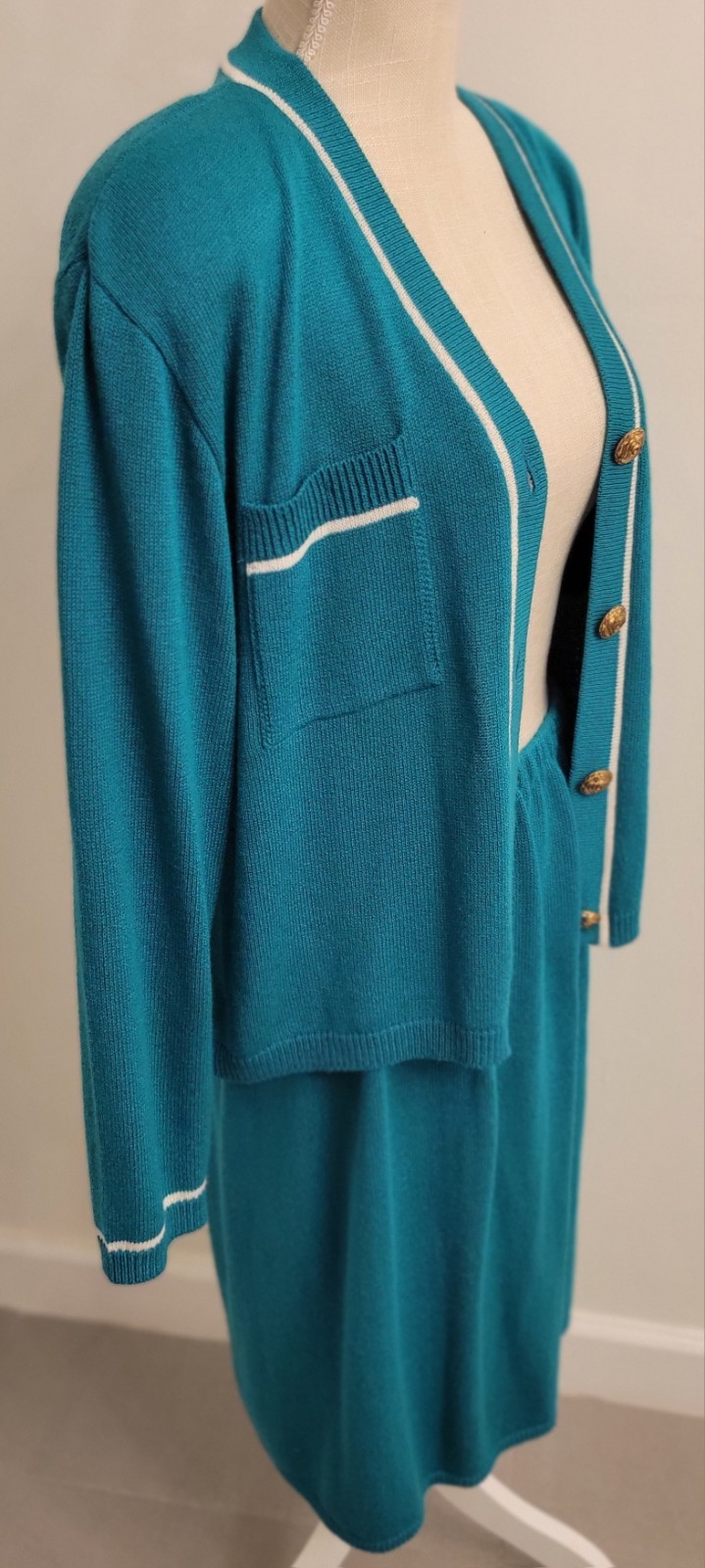 Knit Skirt Suit Lg 2pc Laura byAlyzia 70’s Teal Green Shoulder Pad USA Evc Vtg
