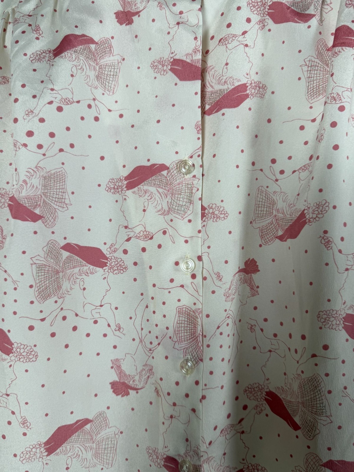 Vintage Pykettes Cream Pink Novelty Bird Polka Dot Print Blouse Button Up Boho