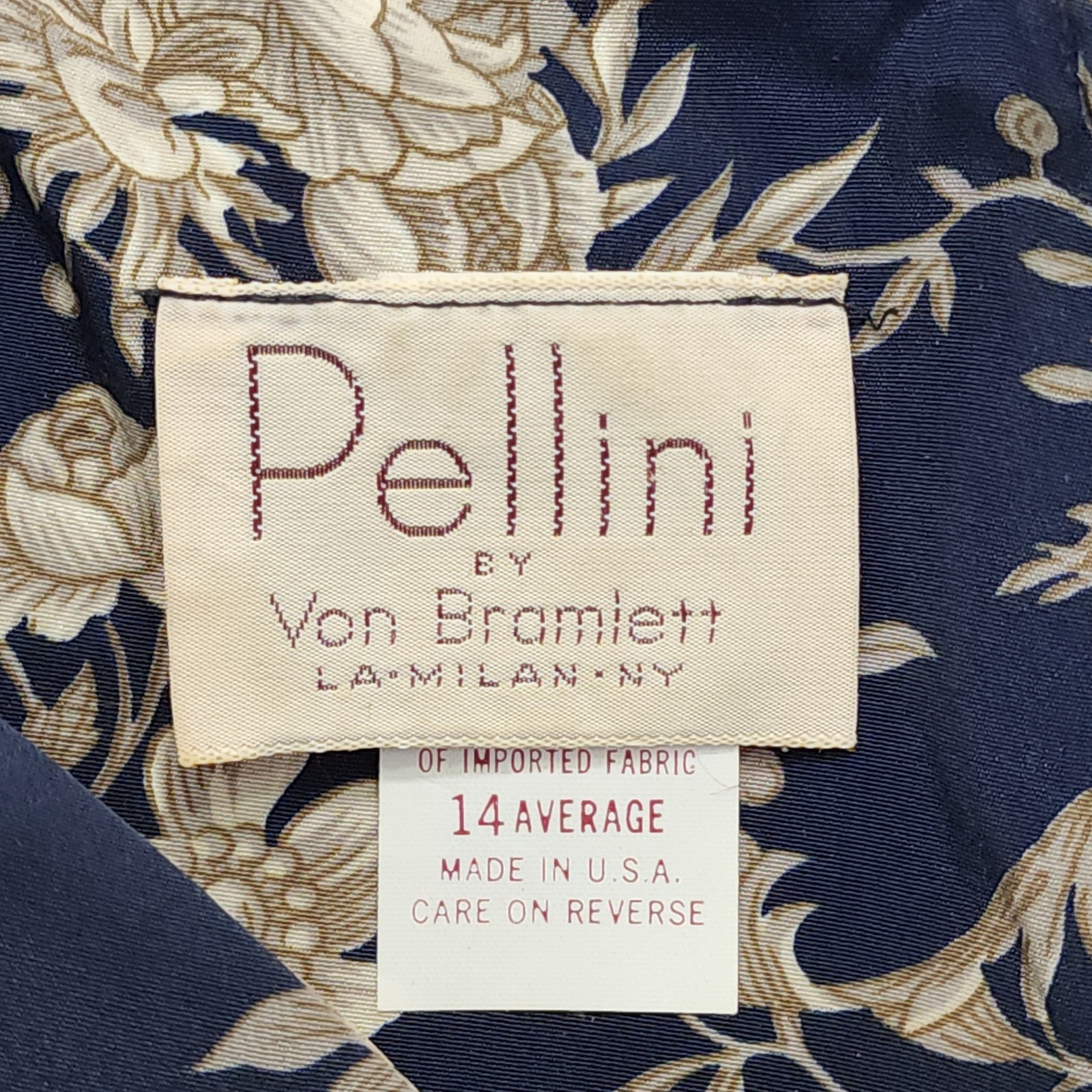 Vintage 80s Pellini by Von Bramlett Dress Size 14 Blue Tan Floral Belted Pleated