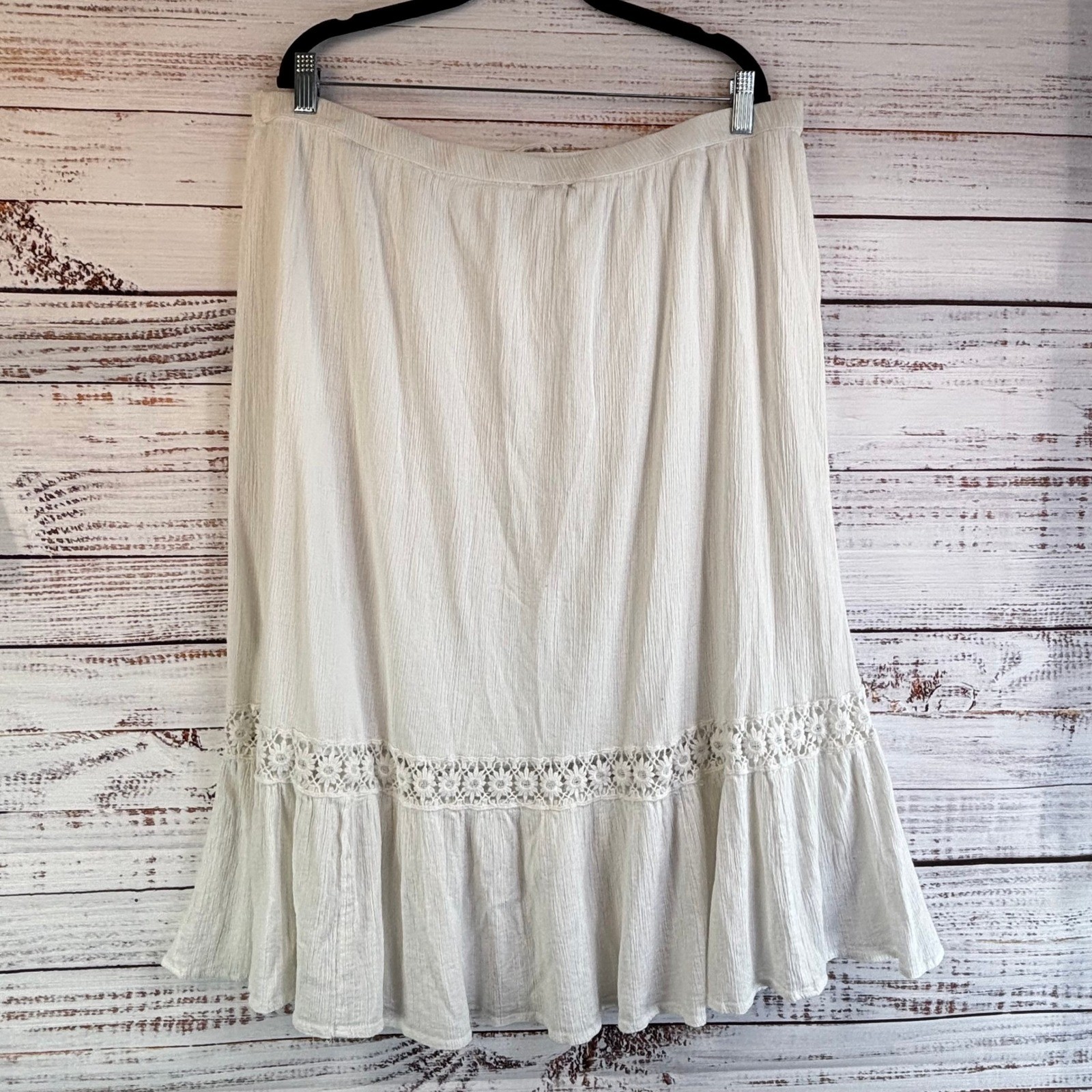 Vintage Midi Skirt 2X White 100% Cotton Gauze Crochet Lace Ruffle Boho Cottage