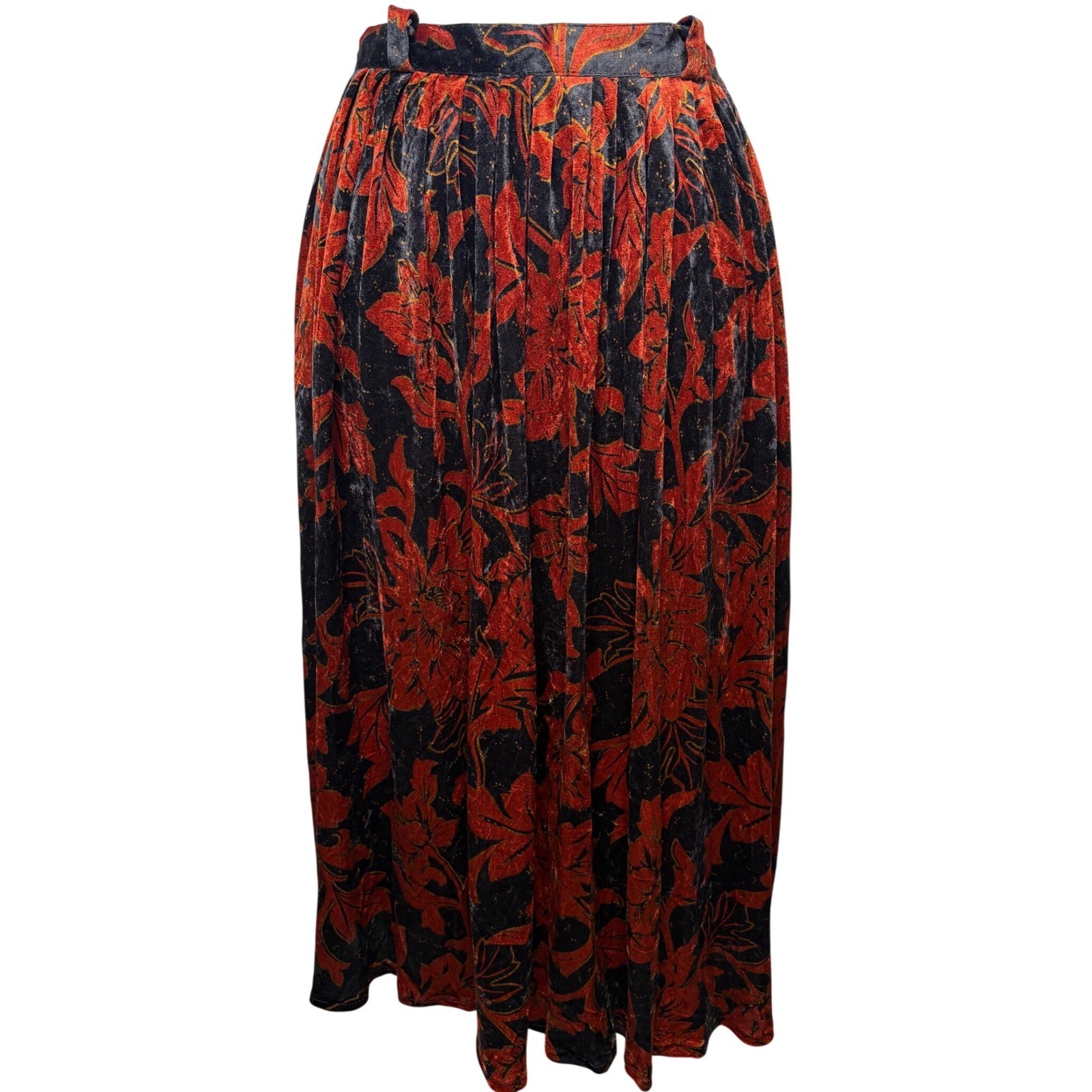 VTG 90s DIANA BENTALLS Ochre Black Floral Velvet Pleated Midi Skirt Sz 46 Grunge