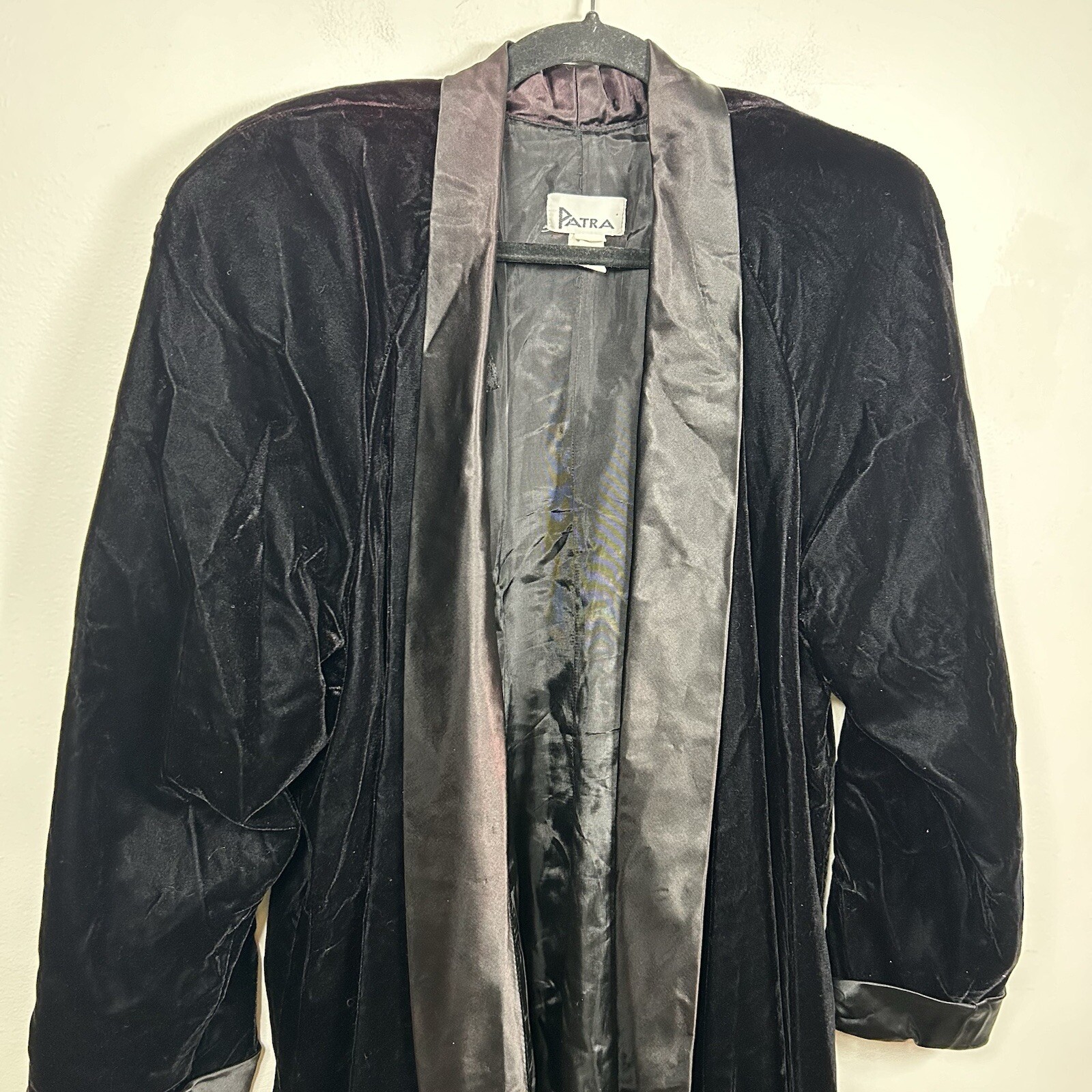 Patra Vintage Black Velvet Long Open Front Evening Jacket Satin Lapel Size XL