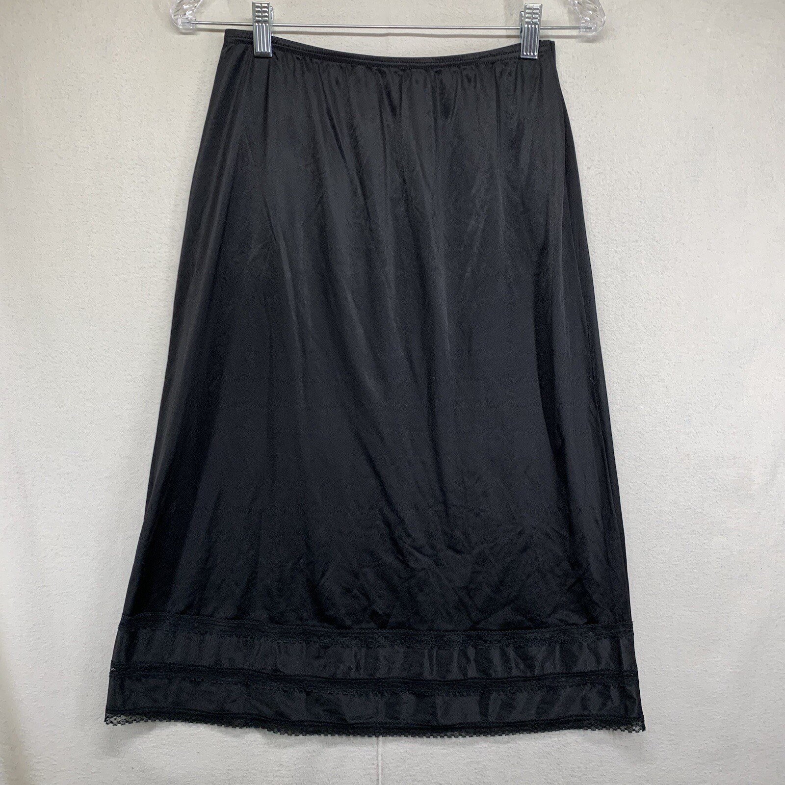 Vintage Woman’s Black Nylon Slip Size Medium Kayser Made In USA 26×28 Trim Deco