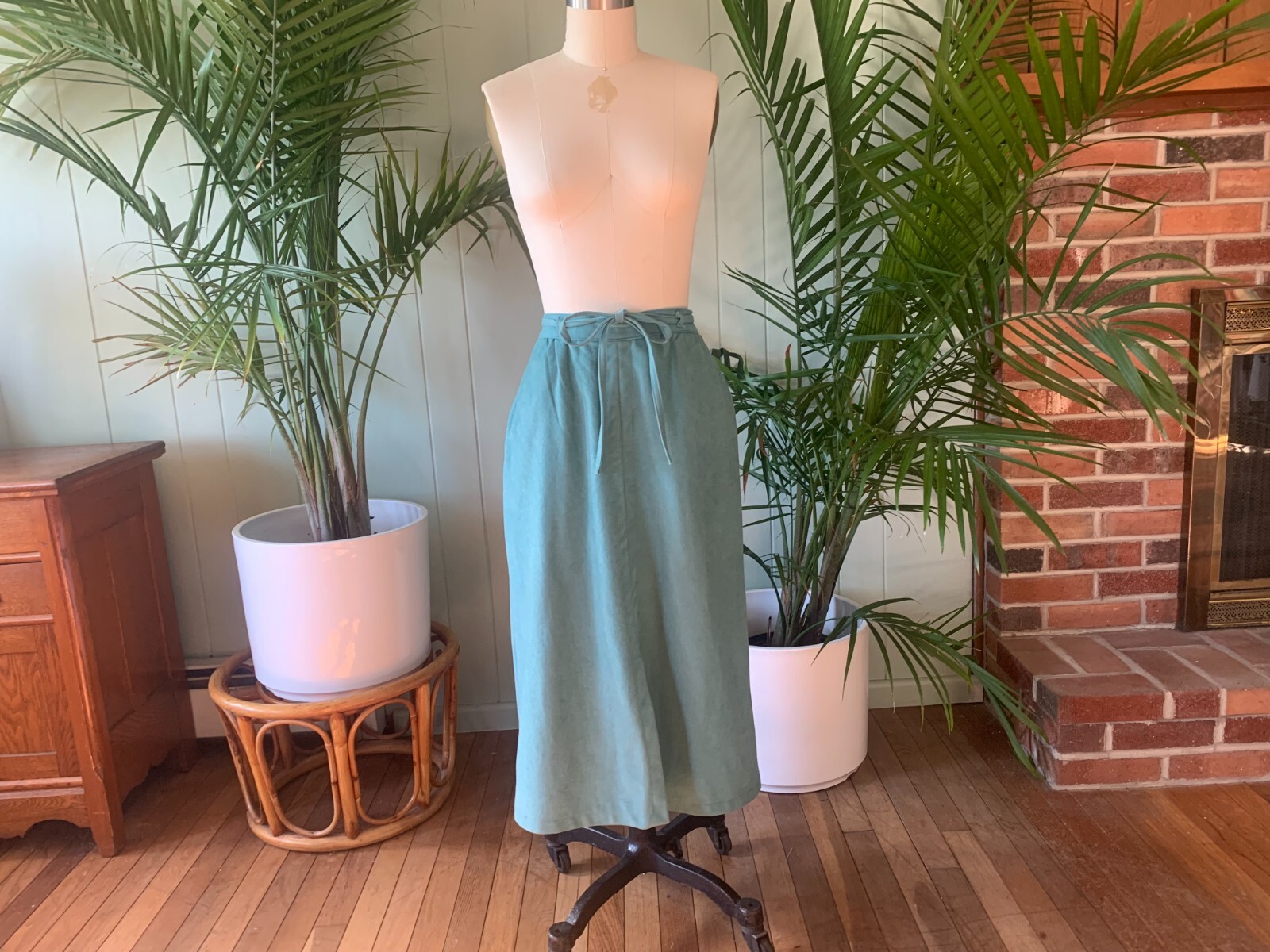 Vintage 1970s Light Turquoise Blue Sash Belt Midi Skirt White Stag