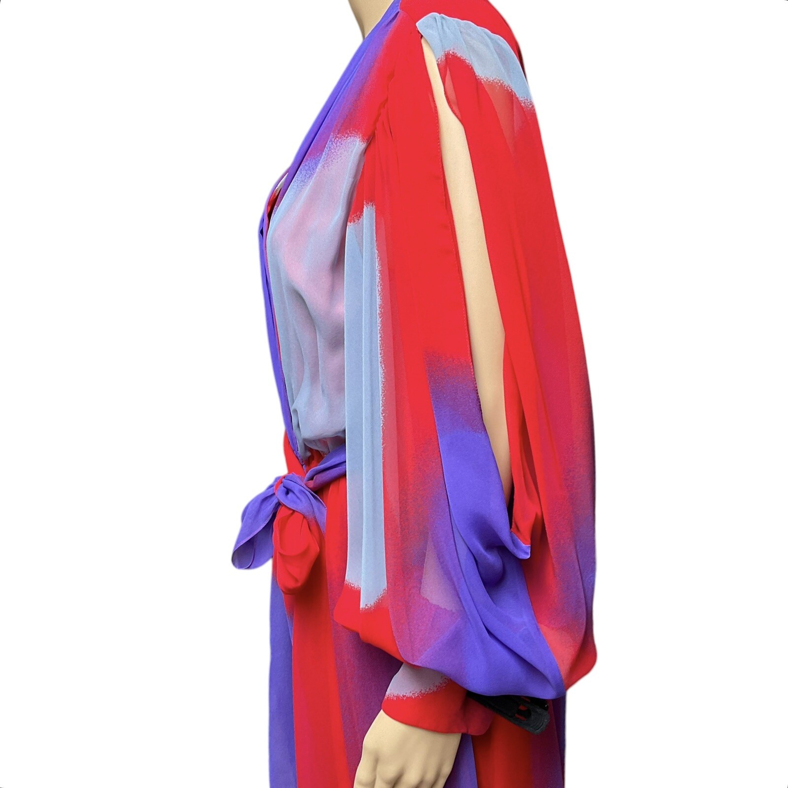 1970s Hanae Mori Chiffon Dress Belt Bright Colorful Abstract Print Maxi