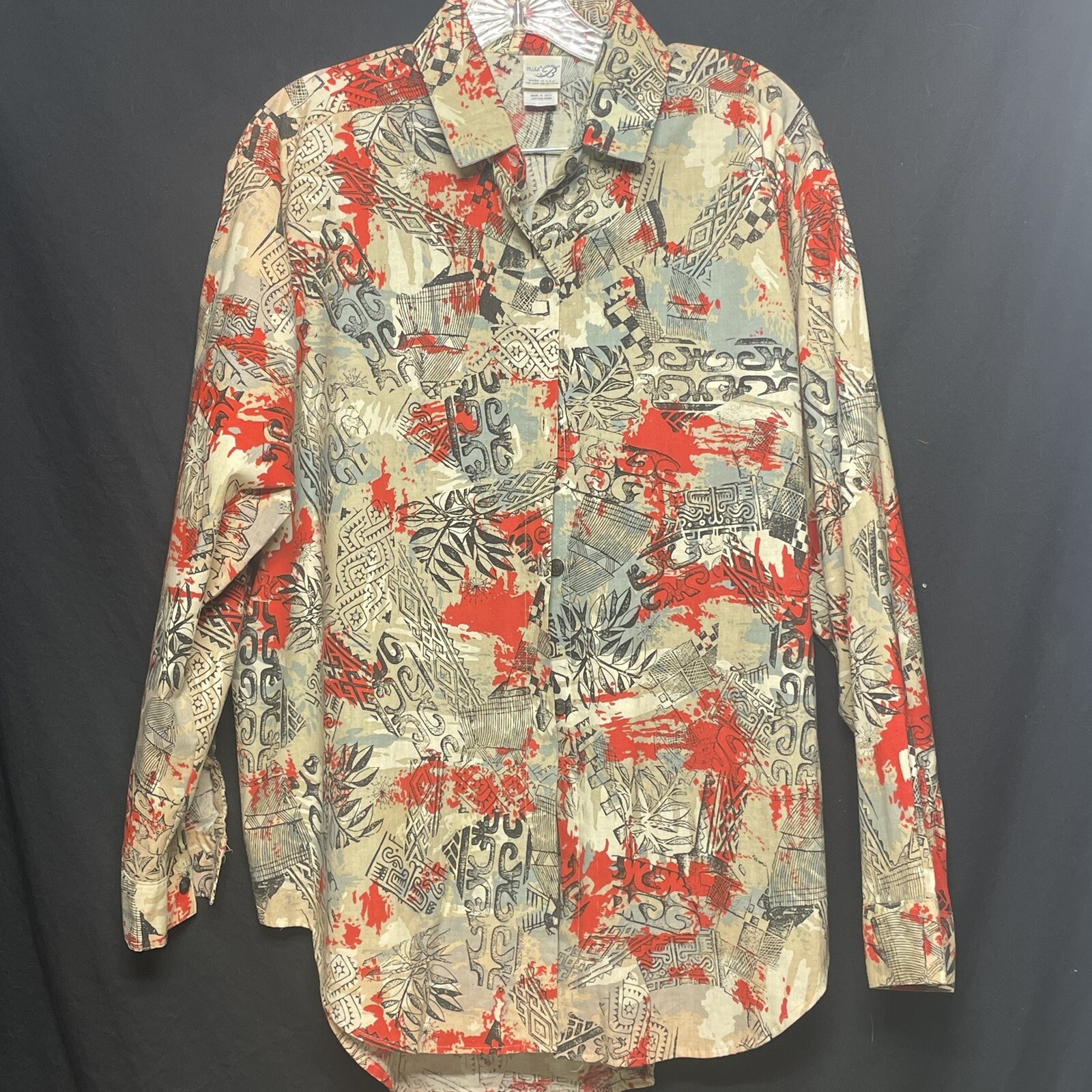 Vtg MISS B Abstract Art To Wear Blouse Med Bold Red & Grey Graphic Print 90s Y2K