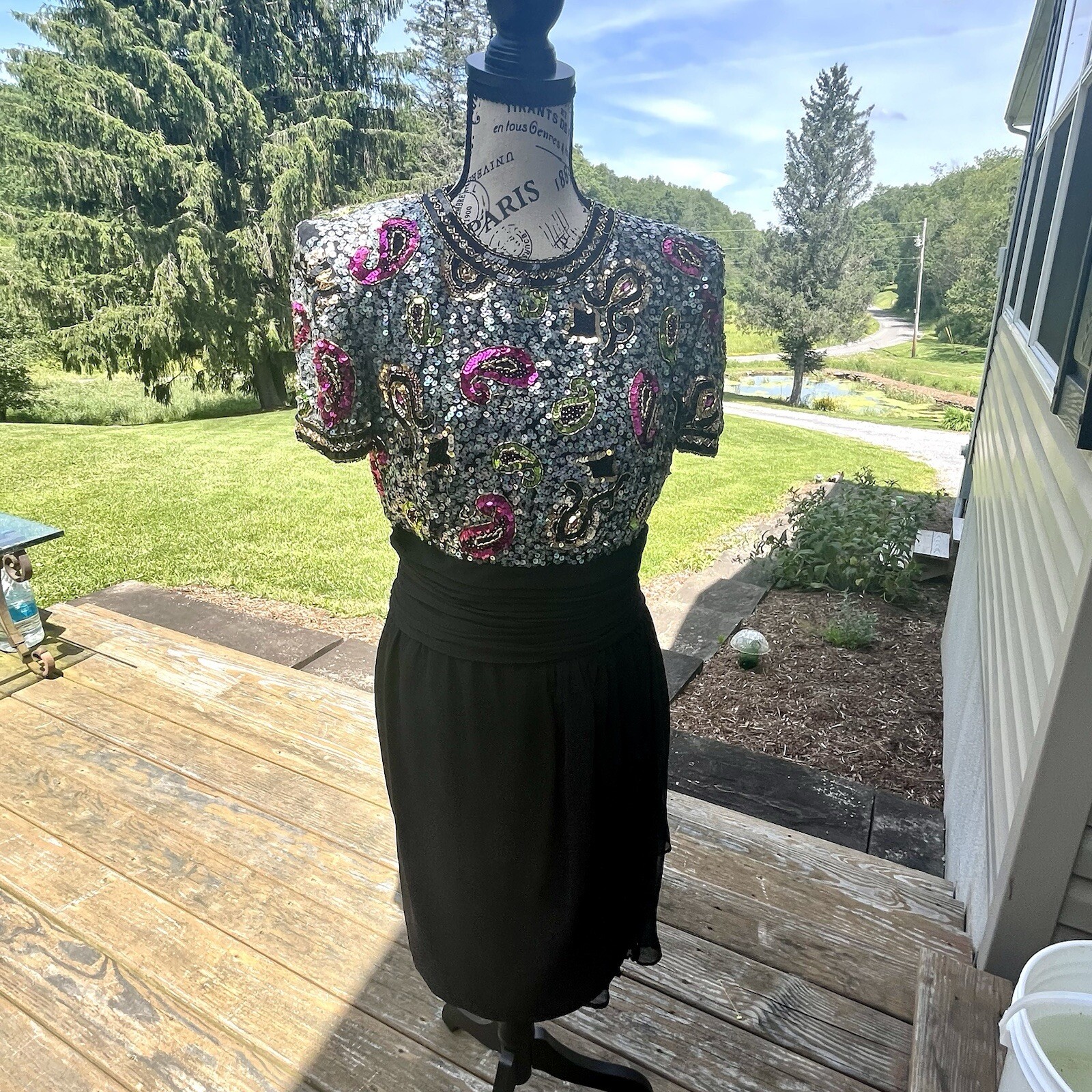 SEATON BRITISH CROWN COLONY Hong Kong sequin Beaded Dress Vintage Gathered Mid