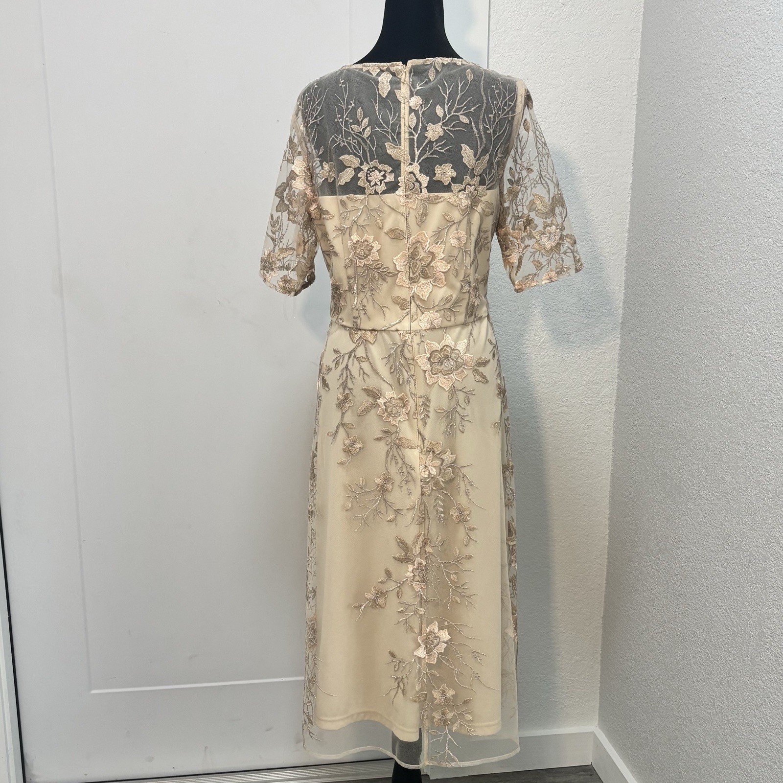 JS Collections Floral Embroidered Illusion Midi Dress Beige Gold Size 10 Wedding