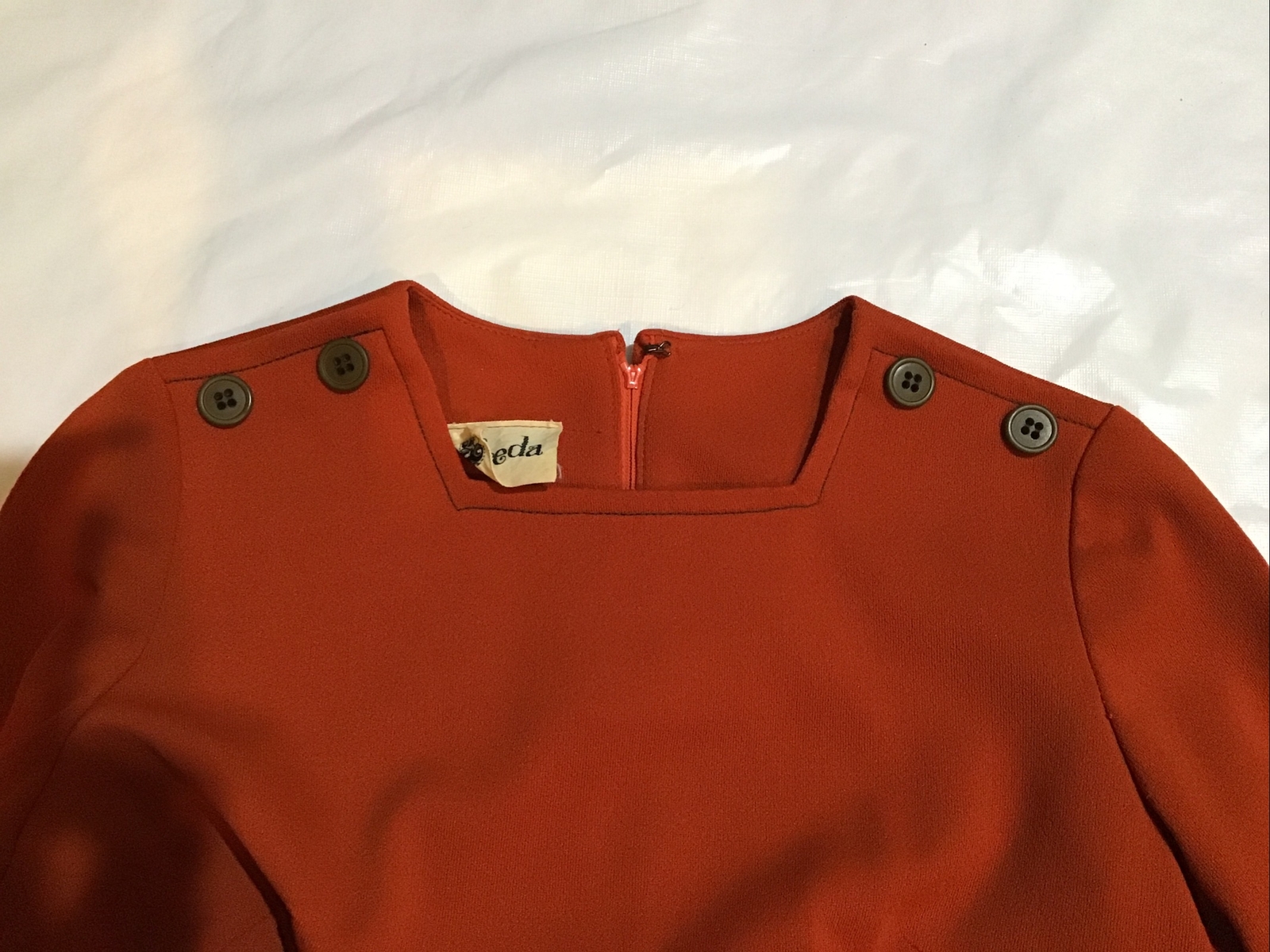 Alfreda Vintage ? 1960s Short Polyester Rust Color Dress w/ Belt, ? Size Small
