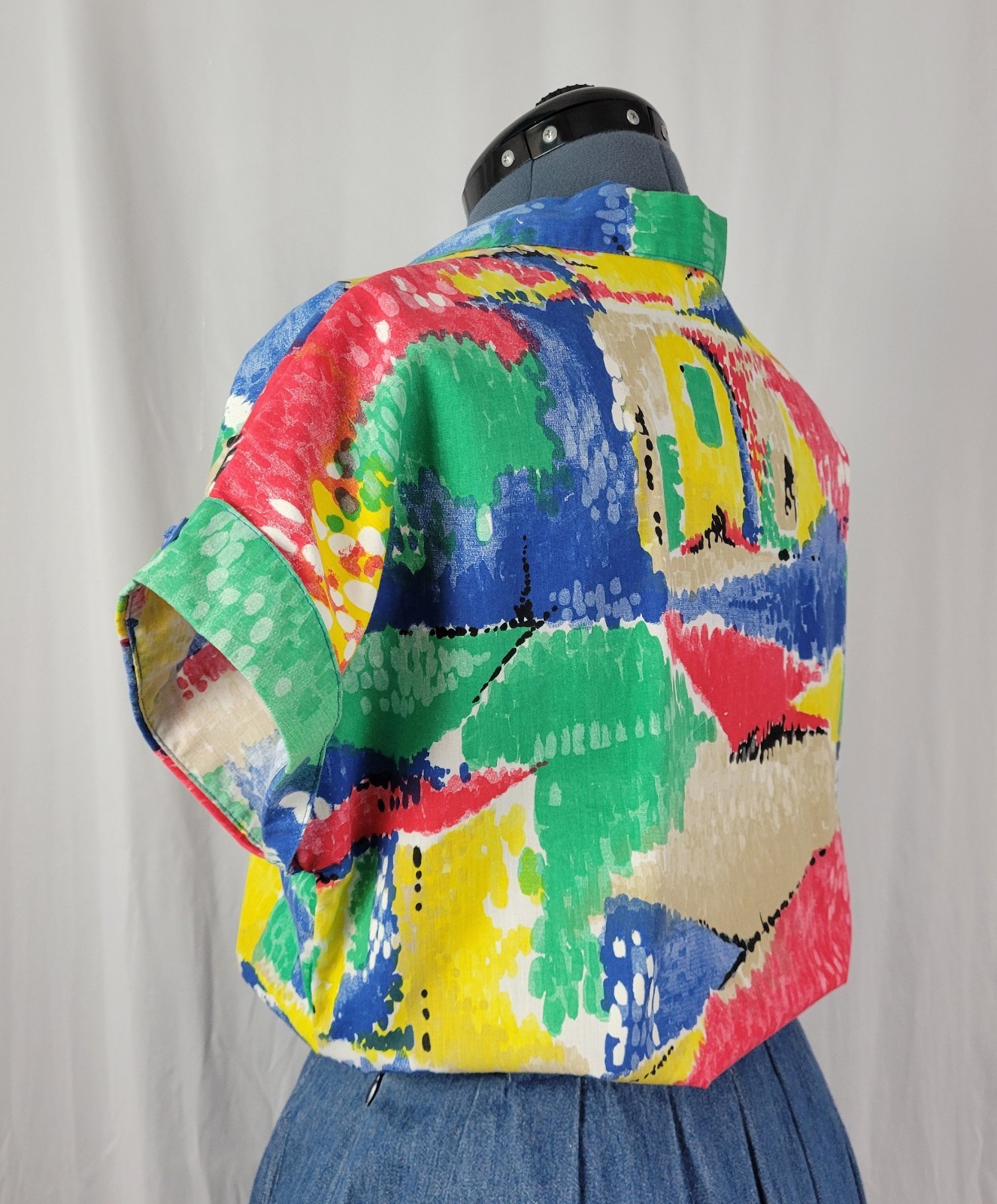 Vintage Ecco Bay Red/Yellow/Green/Blue/Tan S/S Button Down Top Size Med