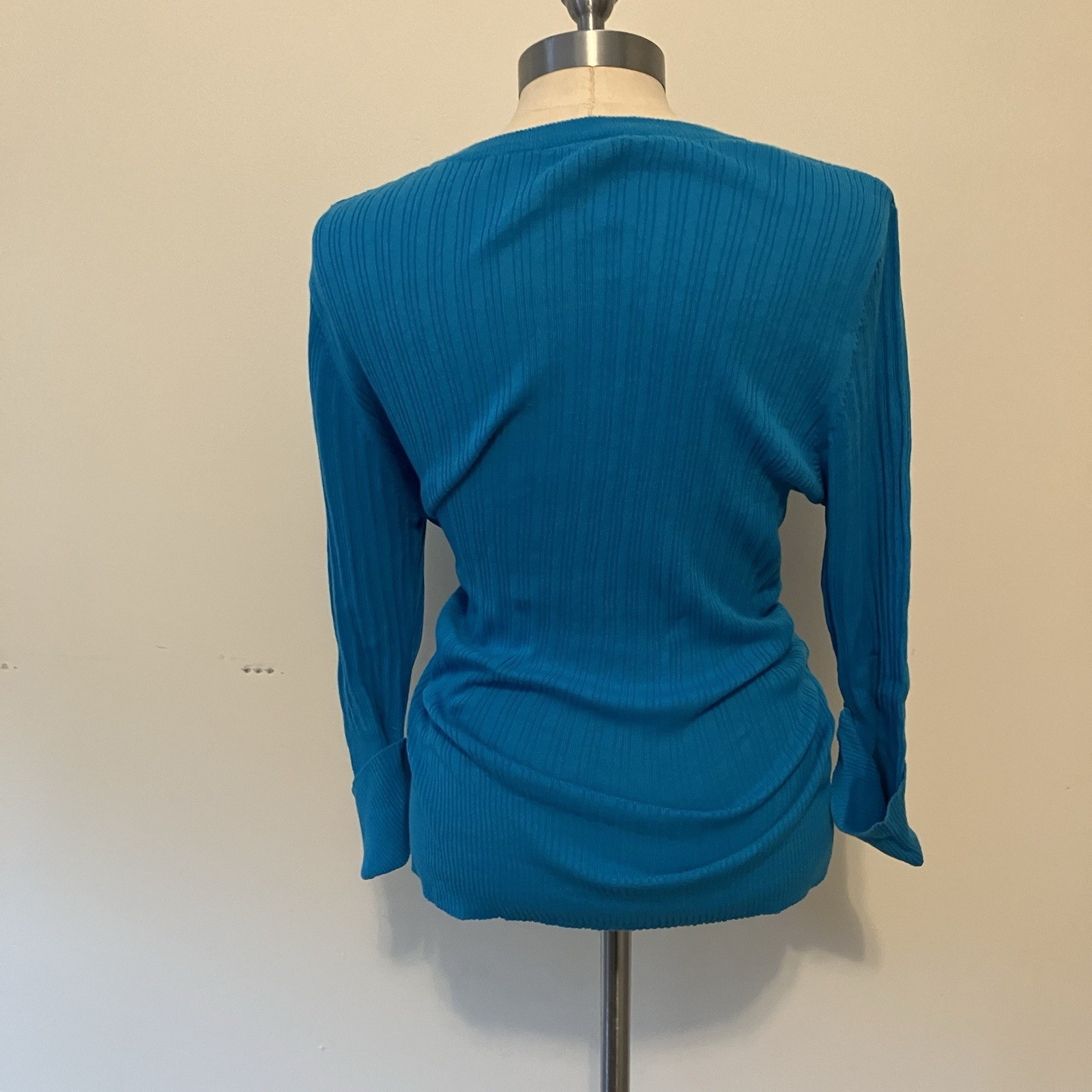 VTG Y2K Women’s Ribbed Teal Blue Sz.3x Cotton V-neck Tee Long Slim 90s Preppy
