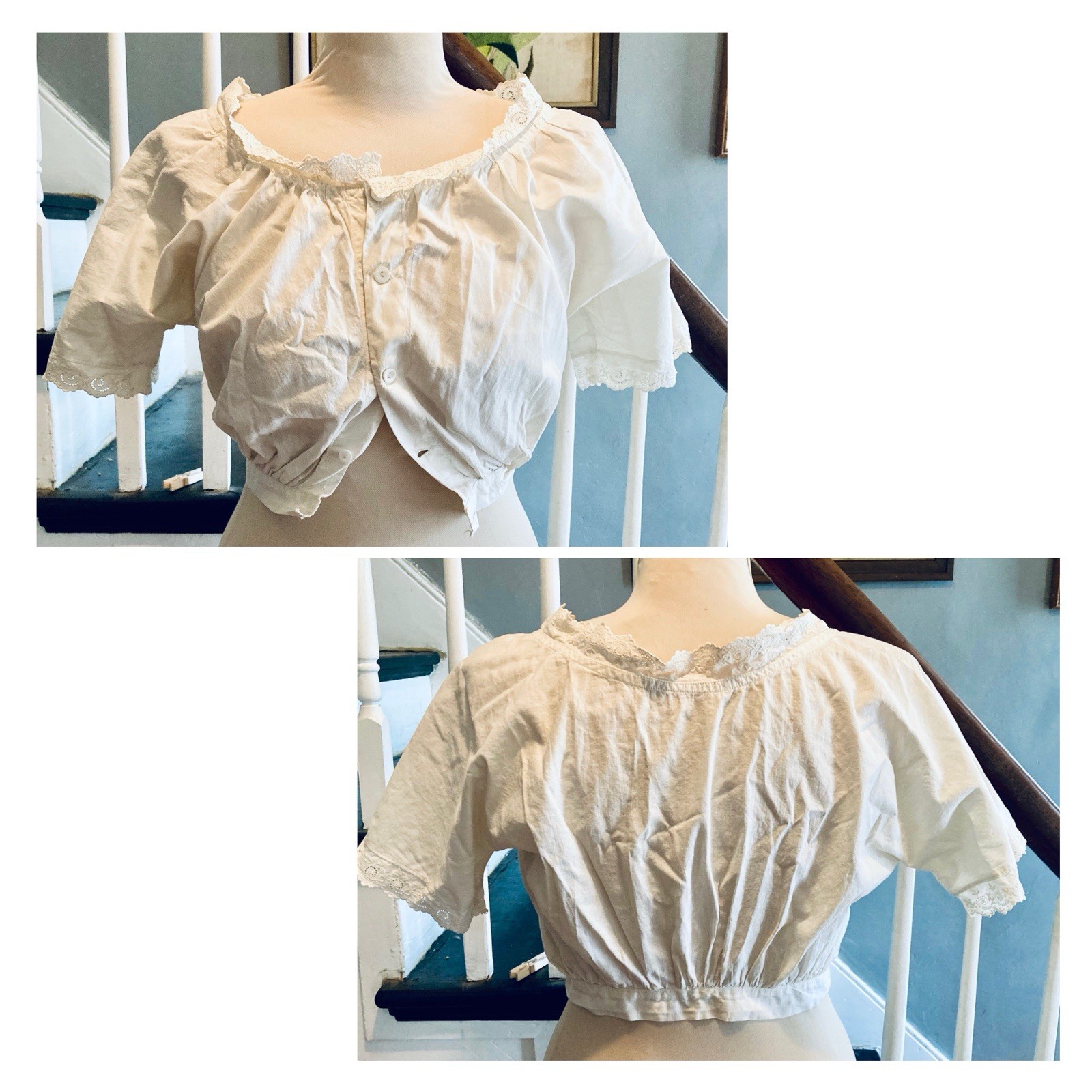 1890s 1900s White Cotton Corset Cover Short Sleeved Eyelet Cropped Fleur-De-lis