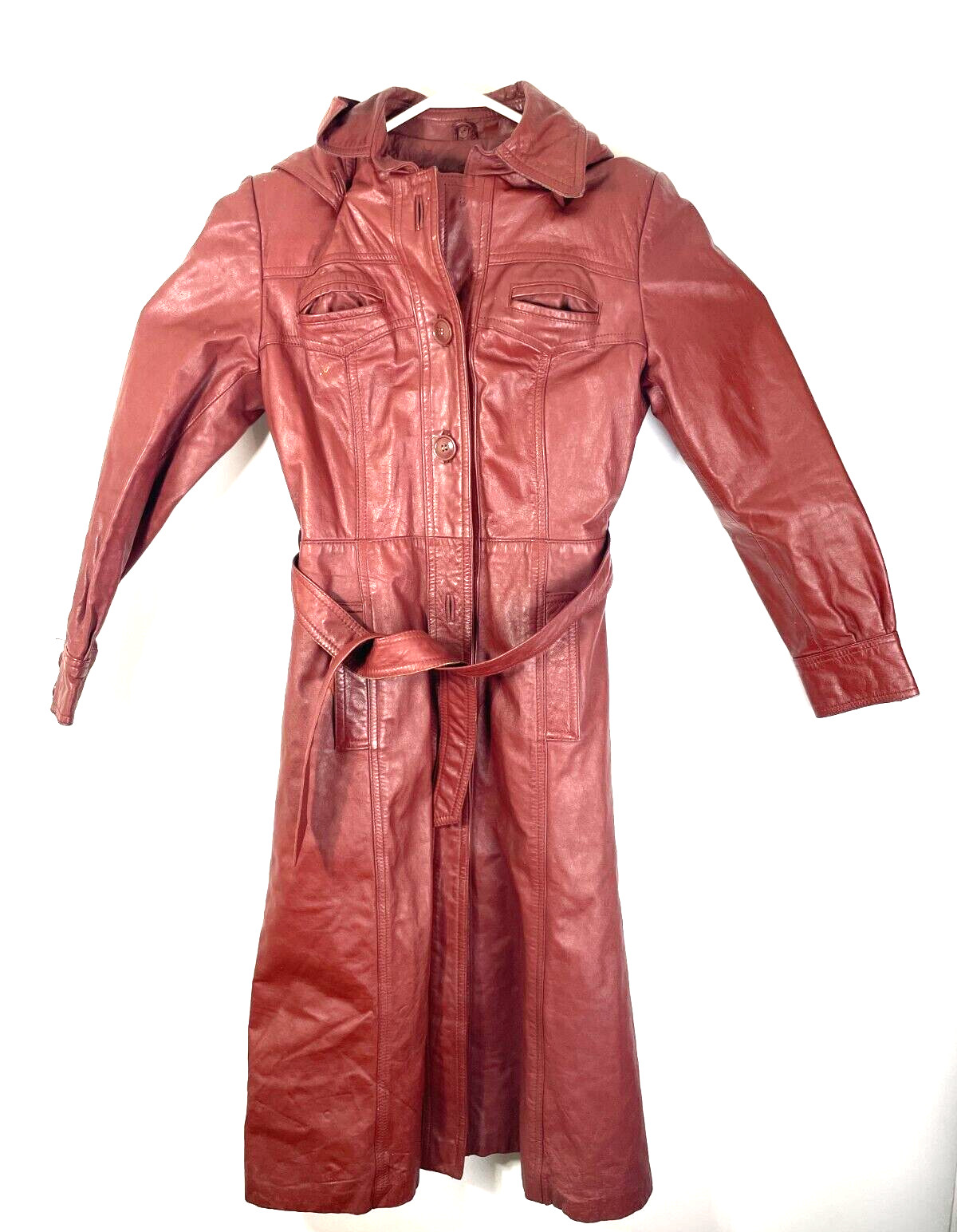 VTG Women’s 70s 60s Maroon Leather Hooded Long Overcoat Sz 9/10