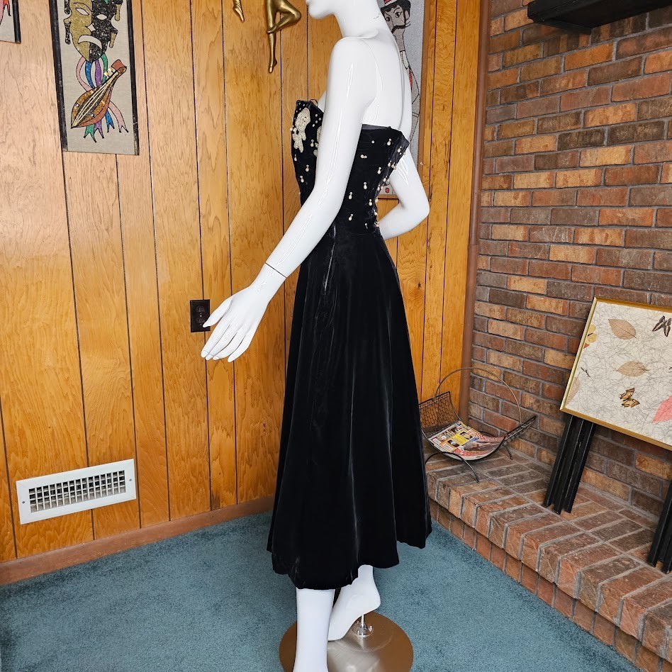 Vtg 40s New Look Pearl Drops Beaded Velvet Evening Formal Party Full Dress XS/S