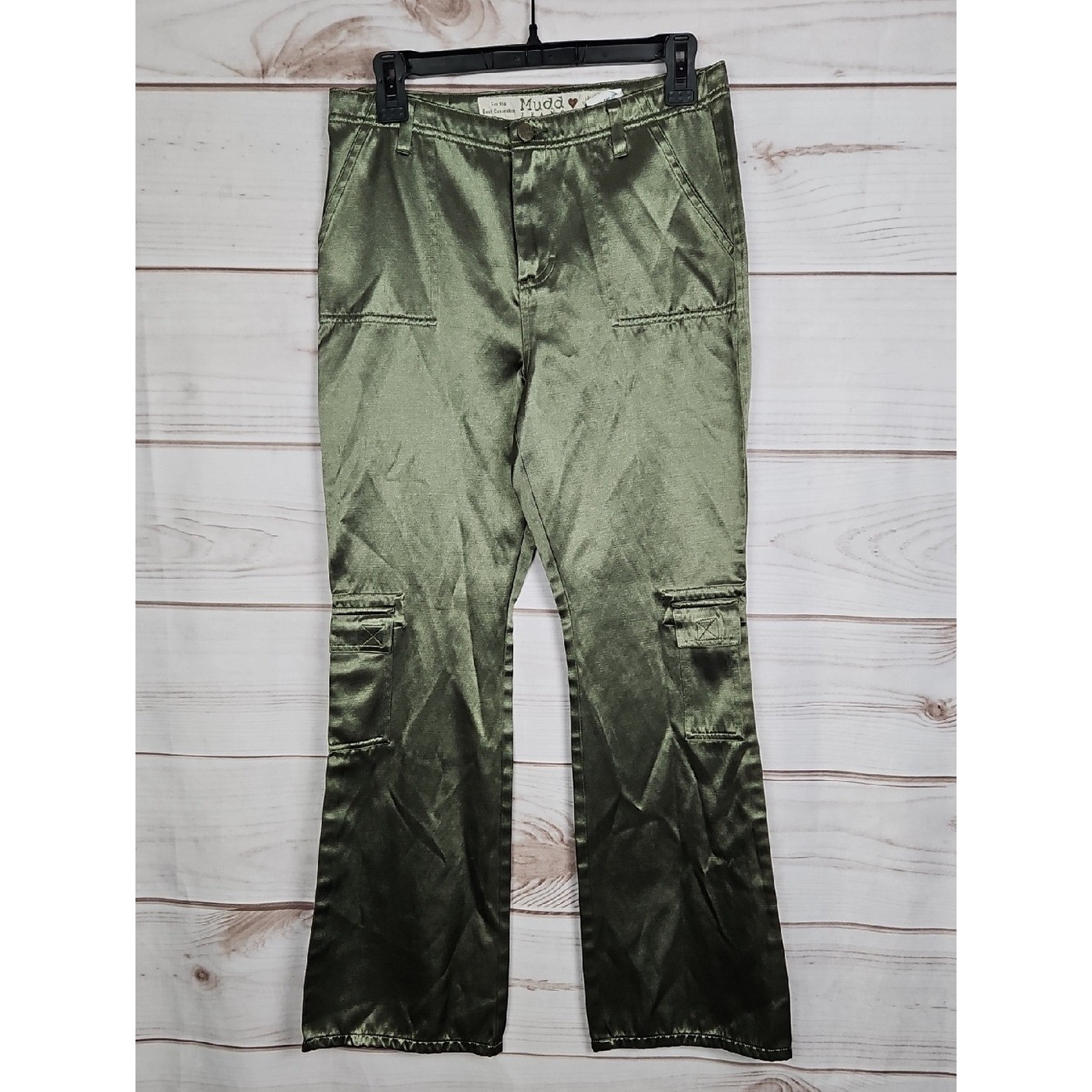 Vintage Mudd Jeans Metallic Olive Cargo Pants Size 16 Y2K Wide Leg Festival Rave
