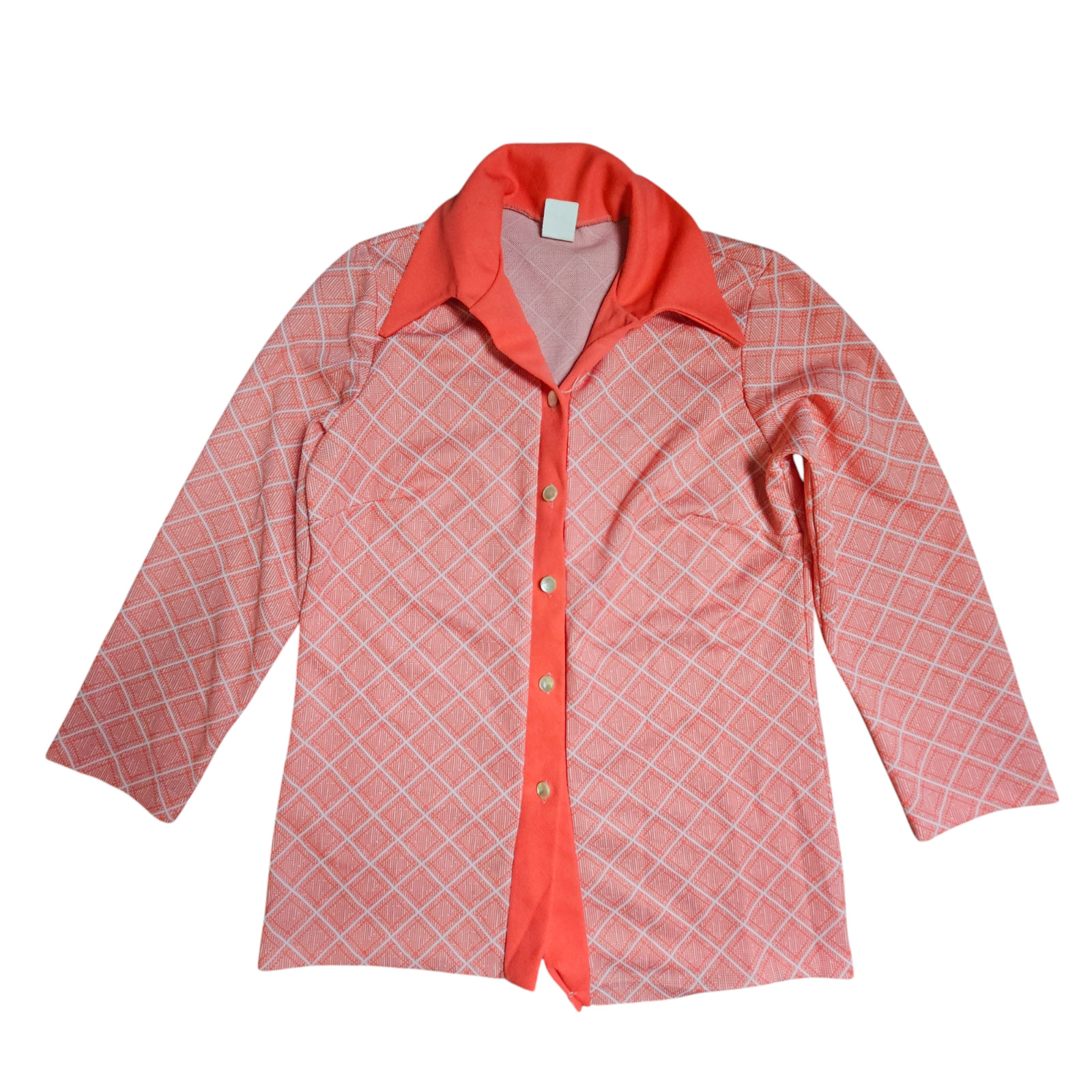 Vintage 70s Argyle Diamond Print Knit Button Up Blouse Top 14 Orange Disco Retro