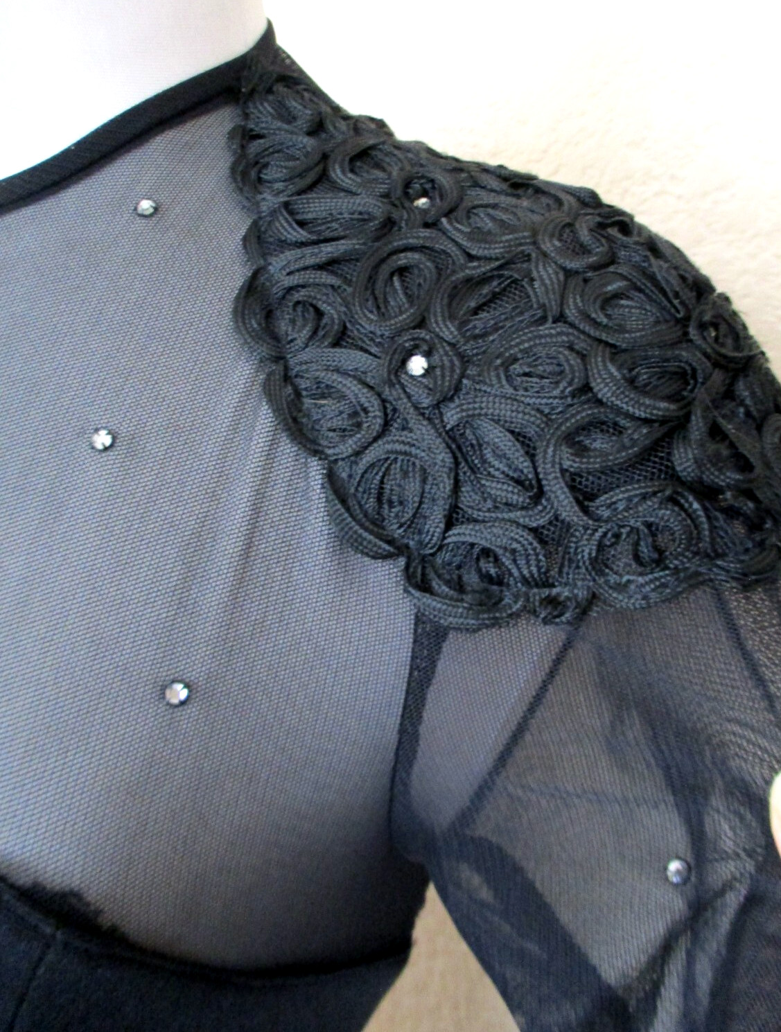 Vtg 80s HW Collection Black Bodycon Dress S Women Crystal Studded Illusion Top