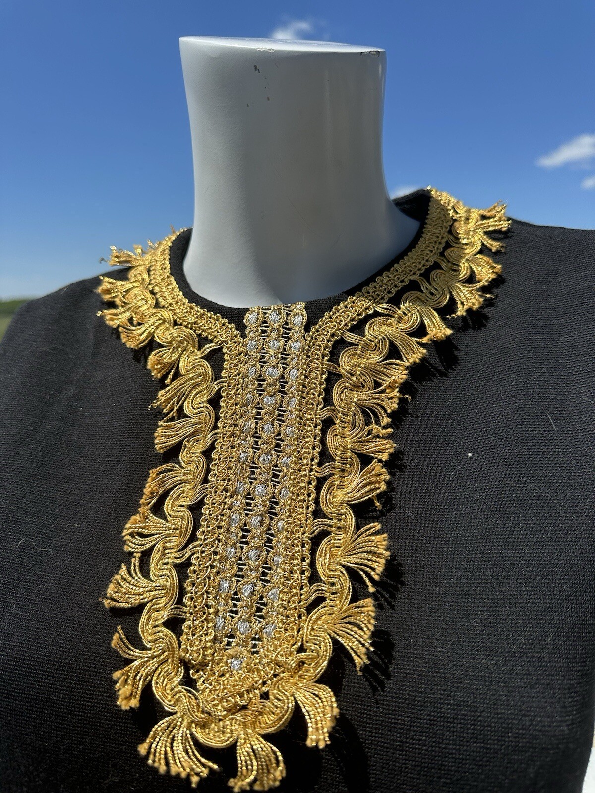 1960s Bleeker Street dress black cocktail shift gold trim 70s size 14 classic