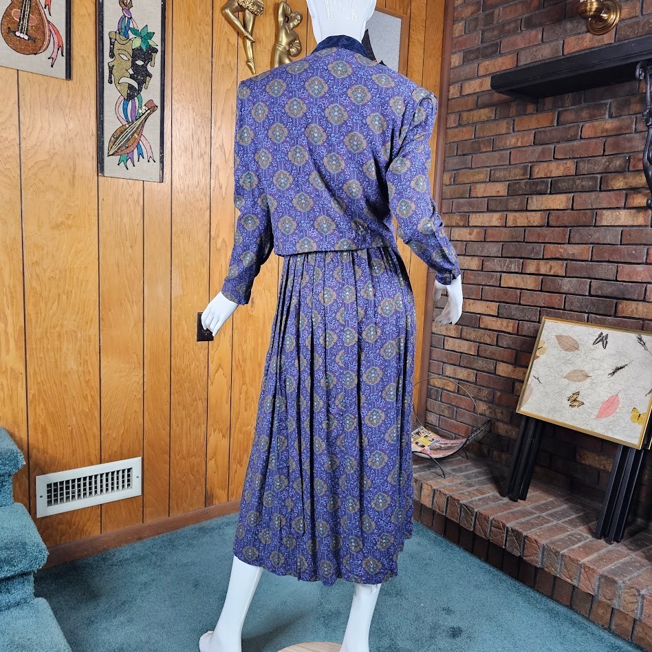 Vtg 90s Velvet Ornate Paisley British Preppy Rayon Midi Riding Vest Dress S/M