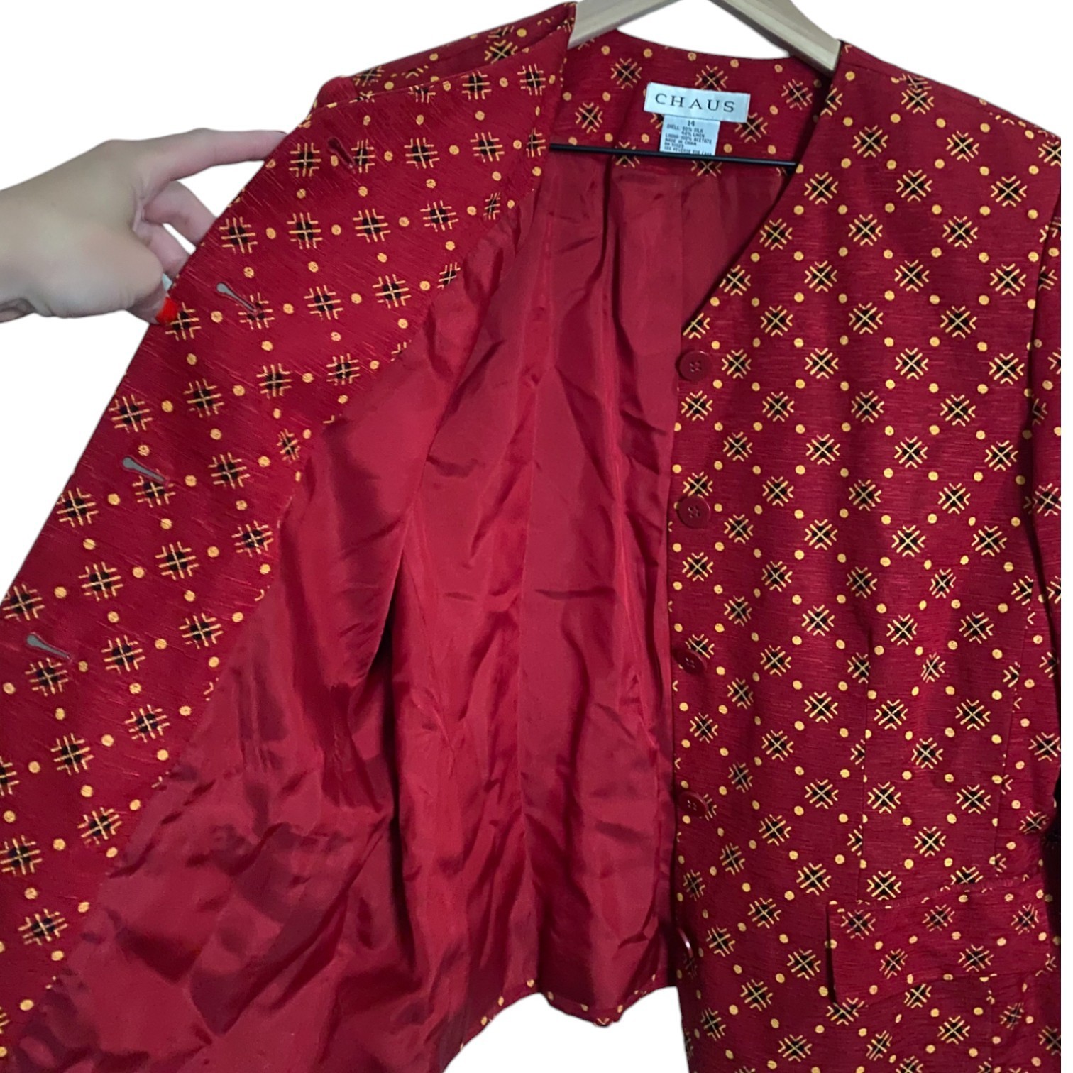 Red Silk Linen Collarless Blazer with Front Flap Pockets, Size 14