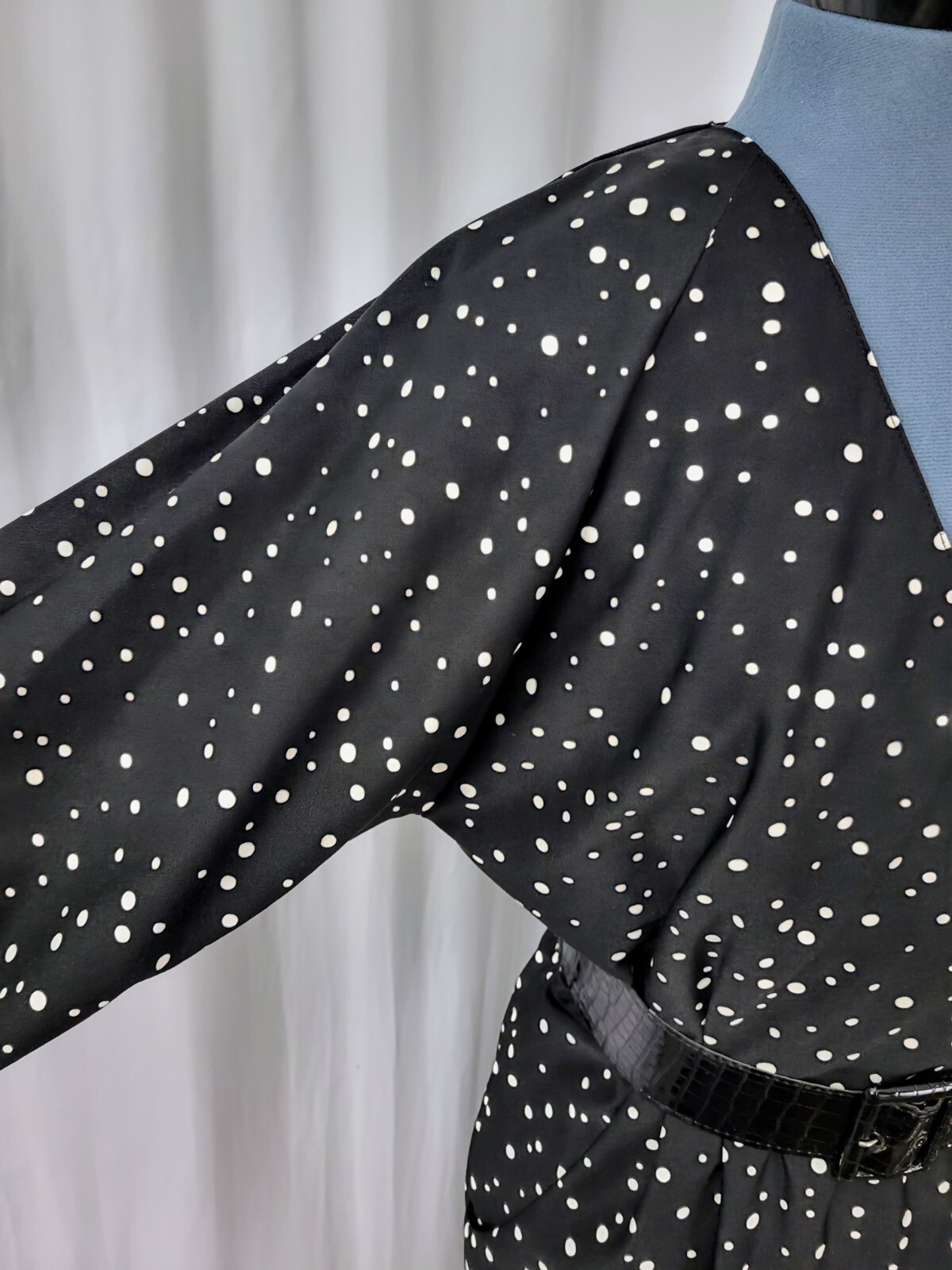 Vintage Sally Lou Black Wrap Dress w White Polka Dots & Belt Size 12