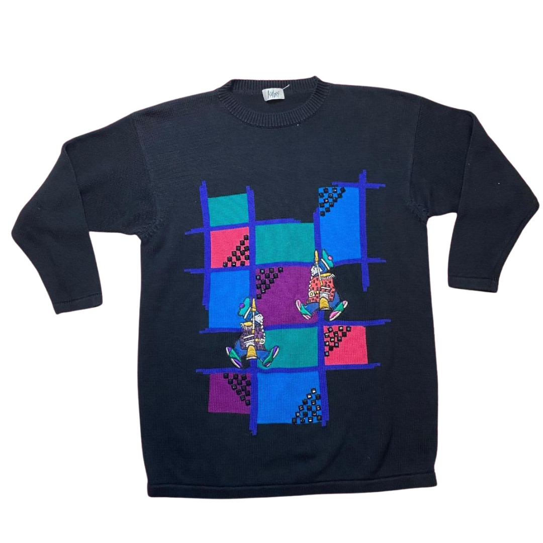 Vintage 80’s Novelty Print Jumper L/XL 14 16 18 Bright Colourful Black