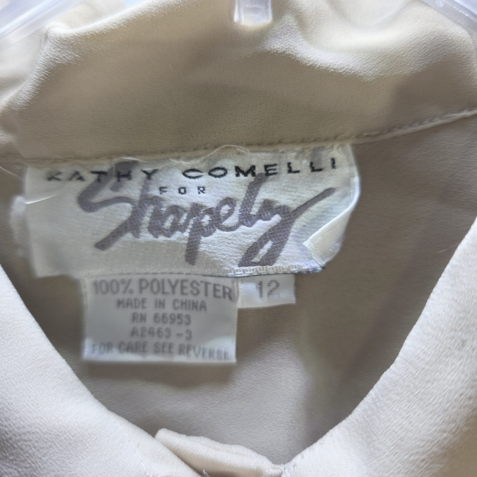 Vtg 80s Kathy Comelli Womens 12 Bluse Sheer Chiffon Creme Button Up Pleated