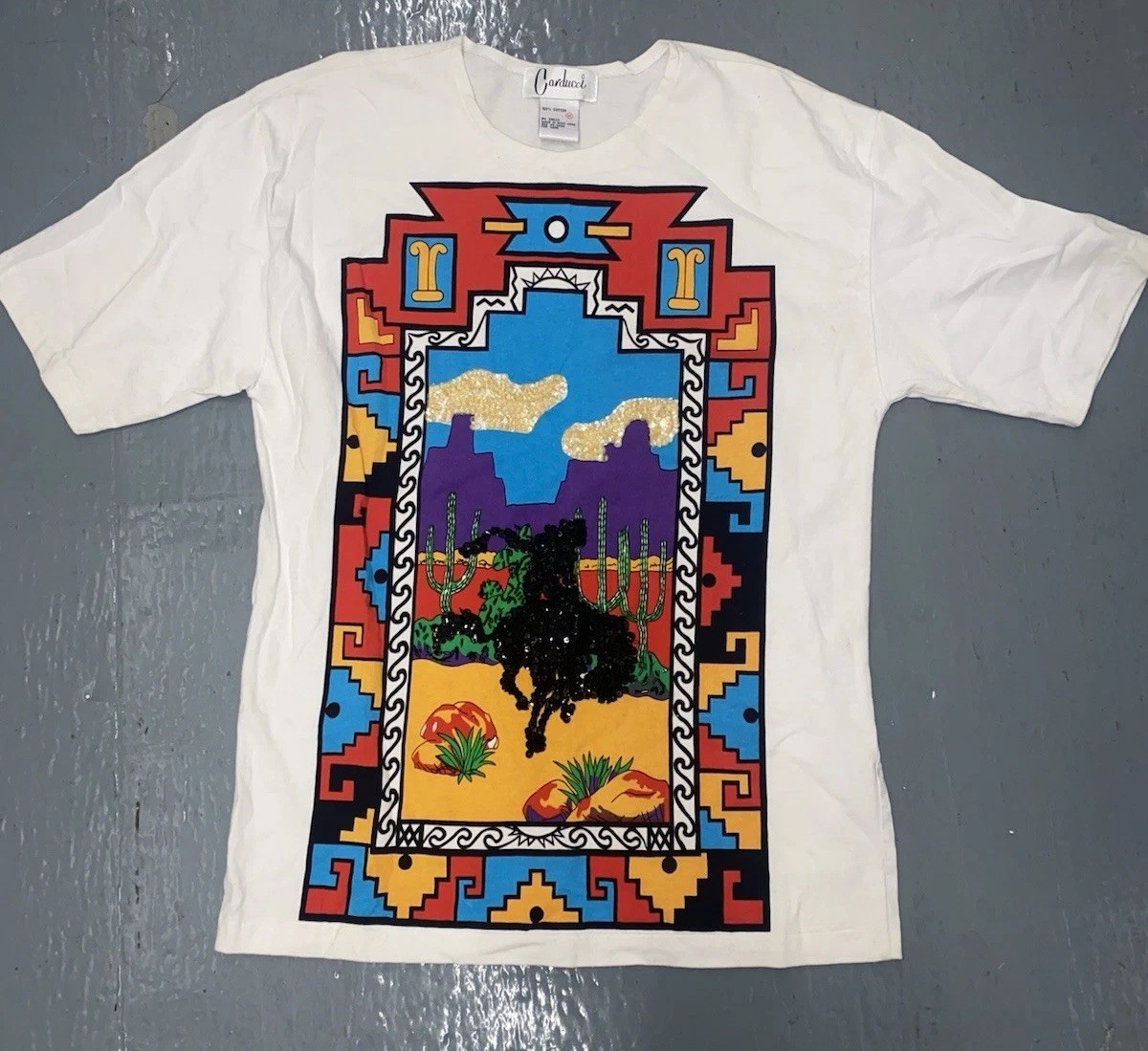 Vintage Carducci Western “Desert Rider” Dan Howard Painting Sequin T Shirt M