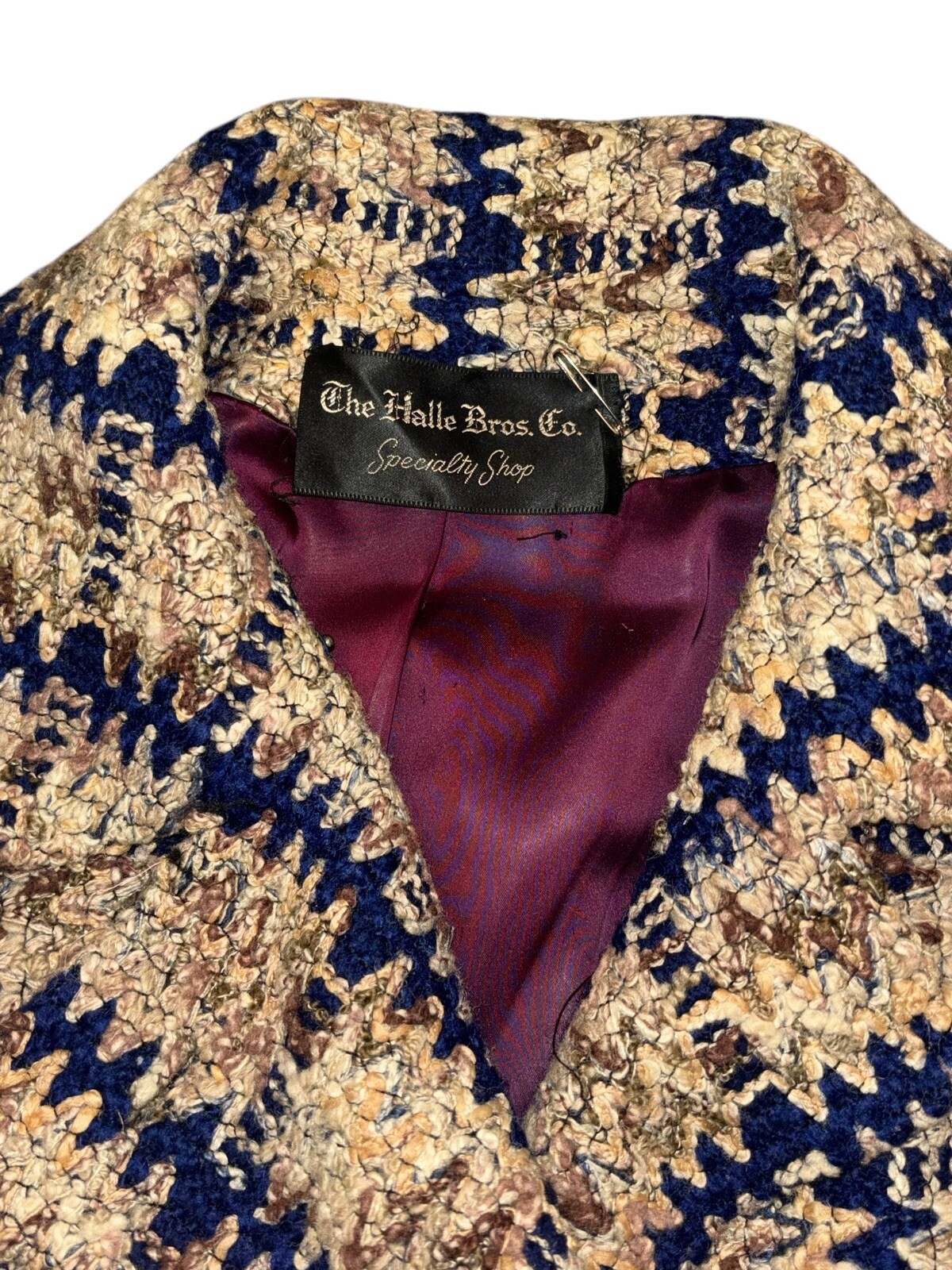 VTG Davidow Tan Blue Brown Chunky Tweed Coat Halle Bro Union Made Women’s Sz M/L