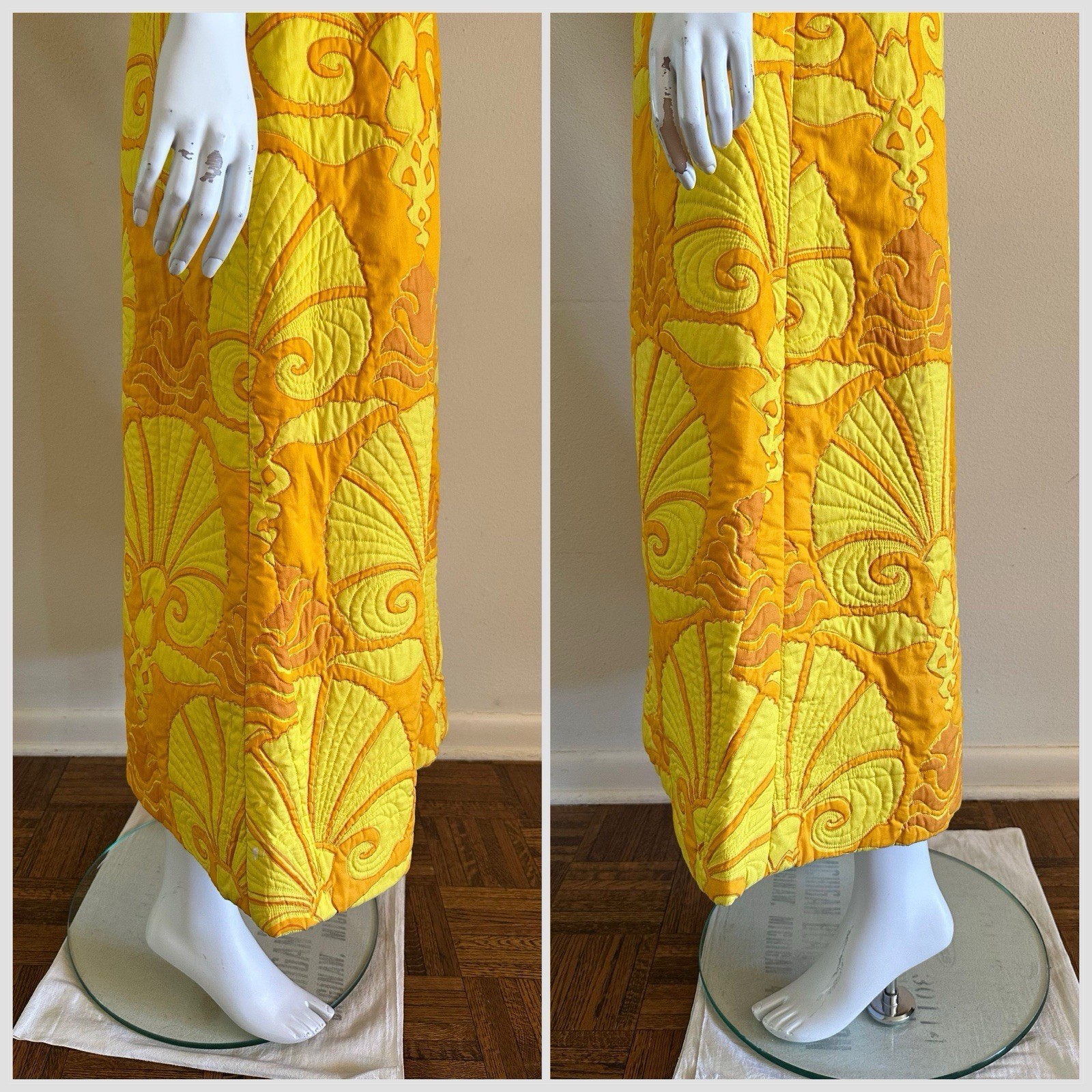 1960s Van Dee Bangkok Quilted Maxi Dress Psychedelic Bell Sleeve Resort Hostess