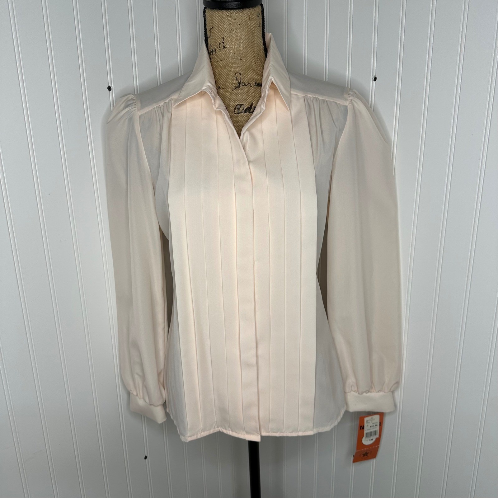 Vtg Nikki Secretary Blouse Peach Pink Pleated Front Puff Shoulder 80s Sz 11/12