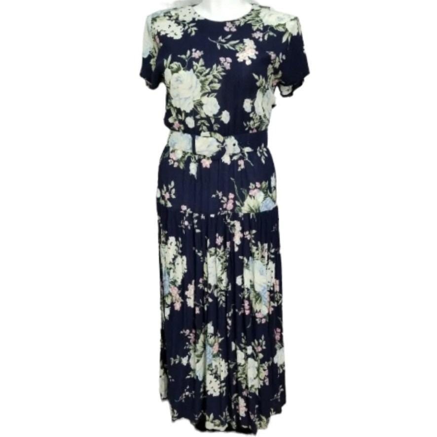 Vintage 90s Ansley Navy Blue Floral Maxi Dress Rayon Pleated Skirt Belted USA 12