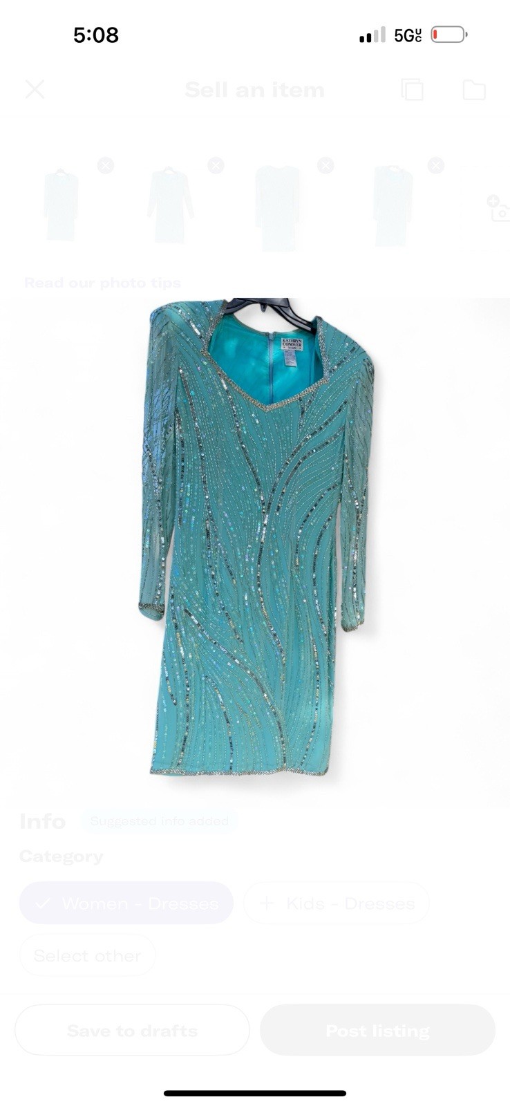 Vintage Kathryn Conover by Night Silk Sequin Beaded Dress Turquoise 80s Glam