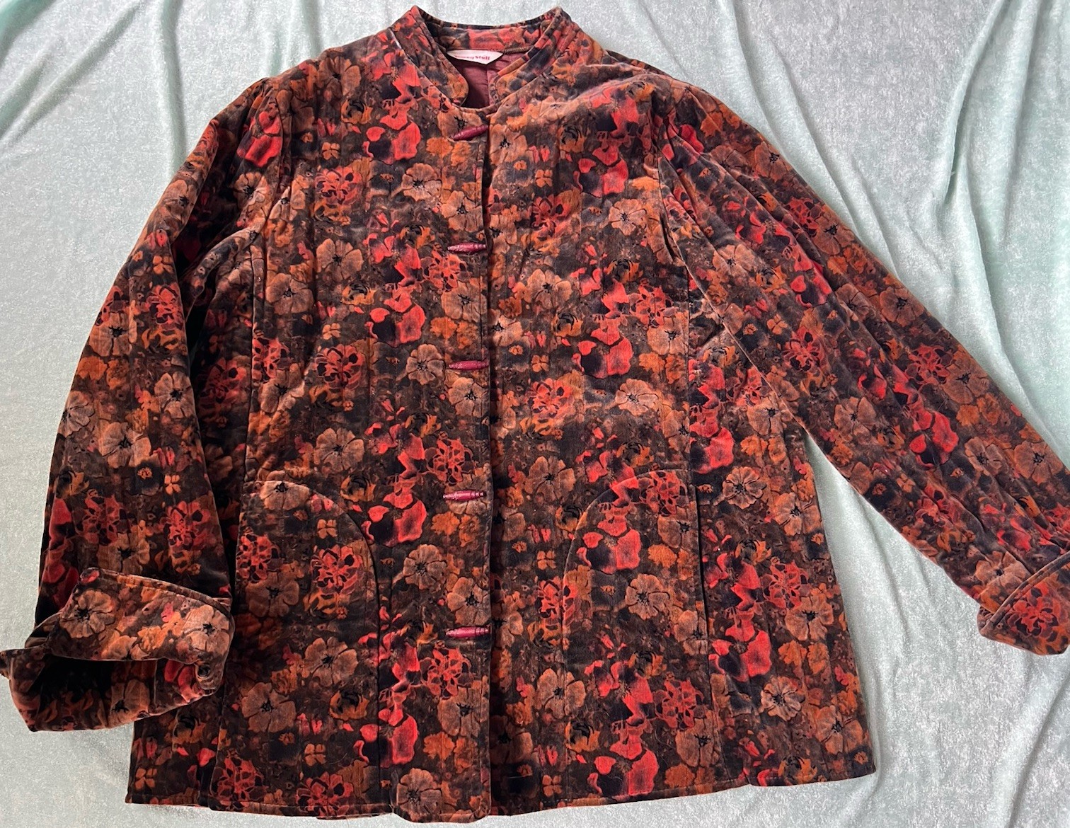 VTG 80s 90s Young Stuff Velvet Quilted Floral Mandarian Collar Jacket Boho XL