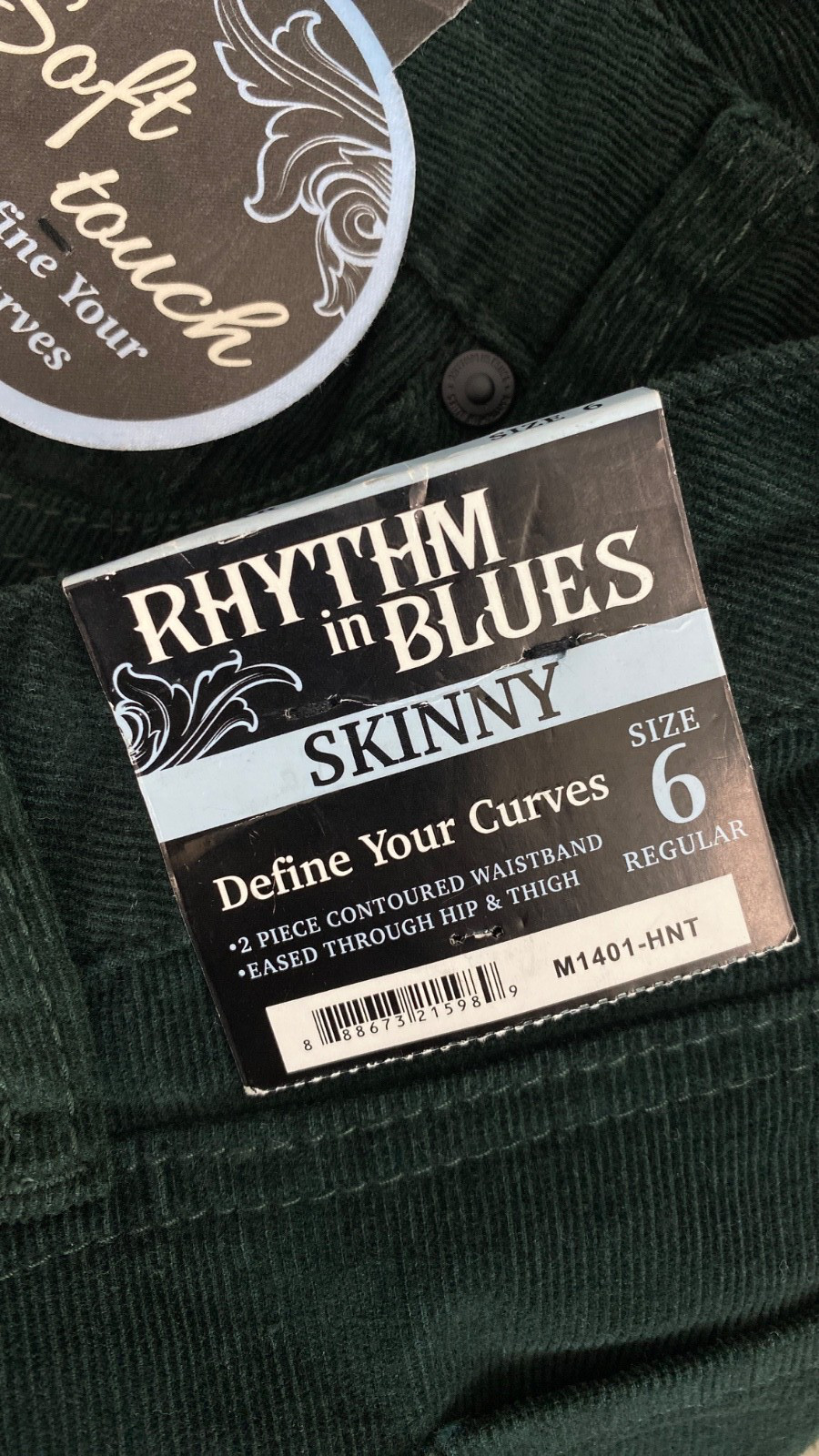 NWT green corduroy pants RHYTHM IN BLUES skinny stretch dark forest vintage 6