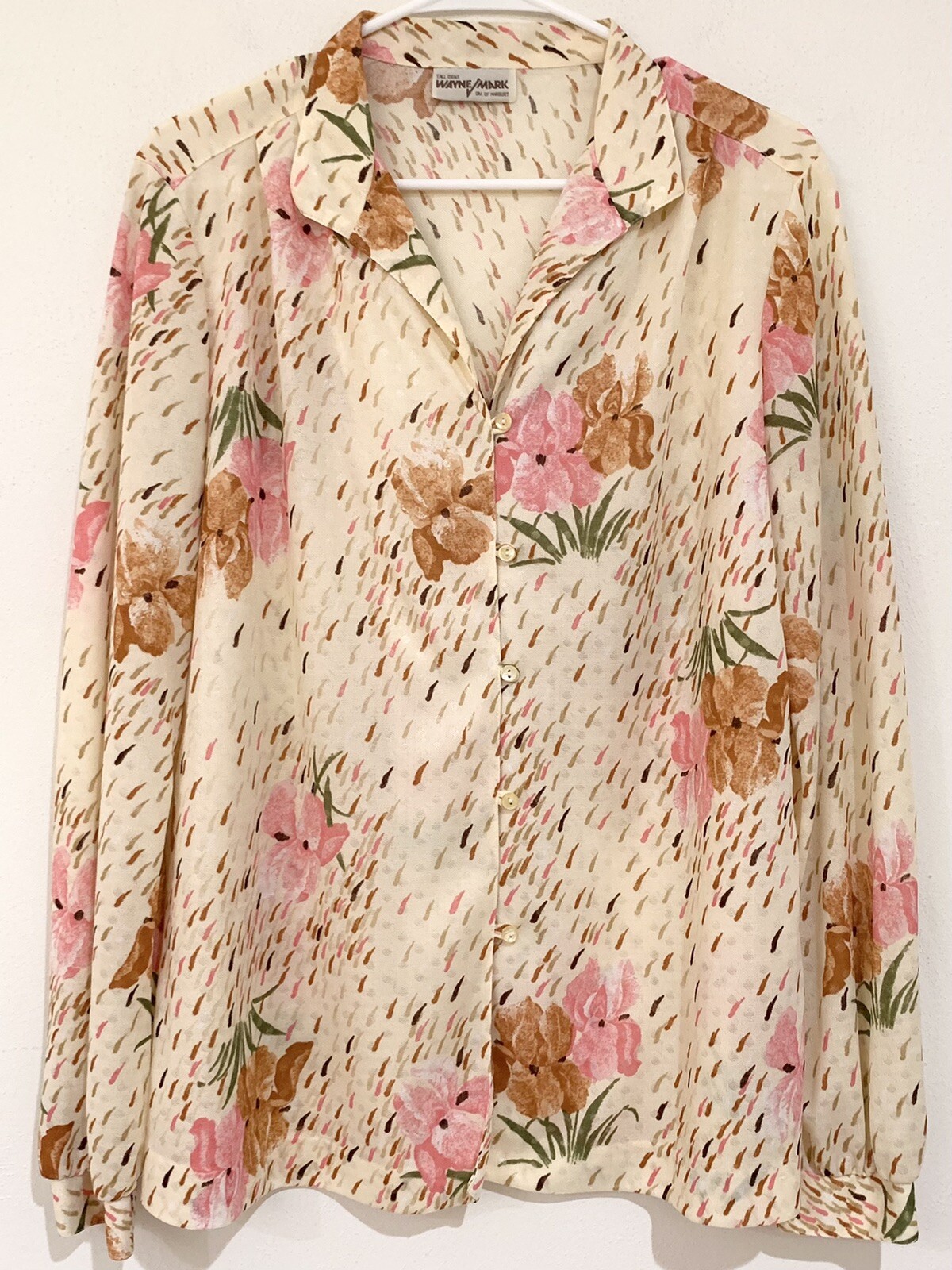 Vintage 70s 80s Womens Shirt Polyester Blouse Tall sz L Long sleeve WAYNE MARK