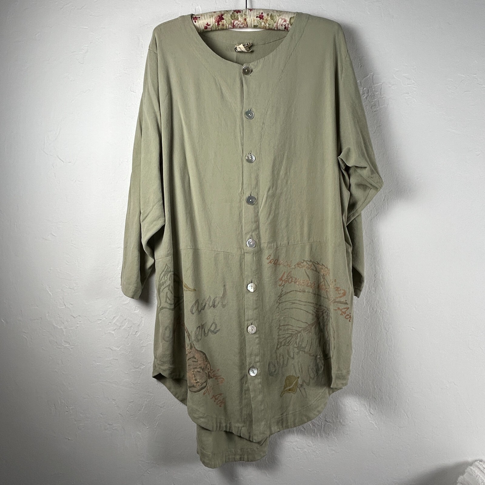 Vintage Blue Fish Womens Painted Leaves Tunic Button Down High Low Long Sleeves