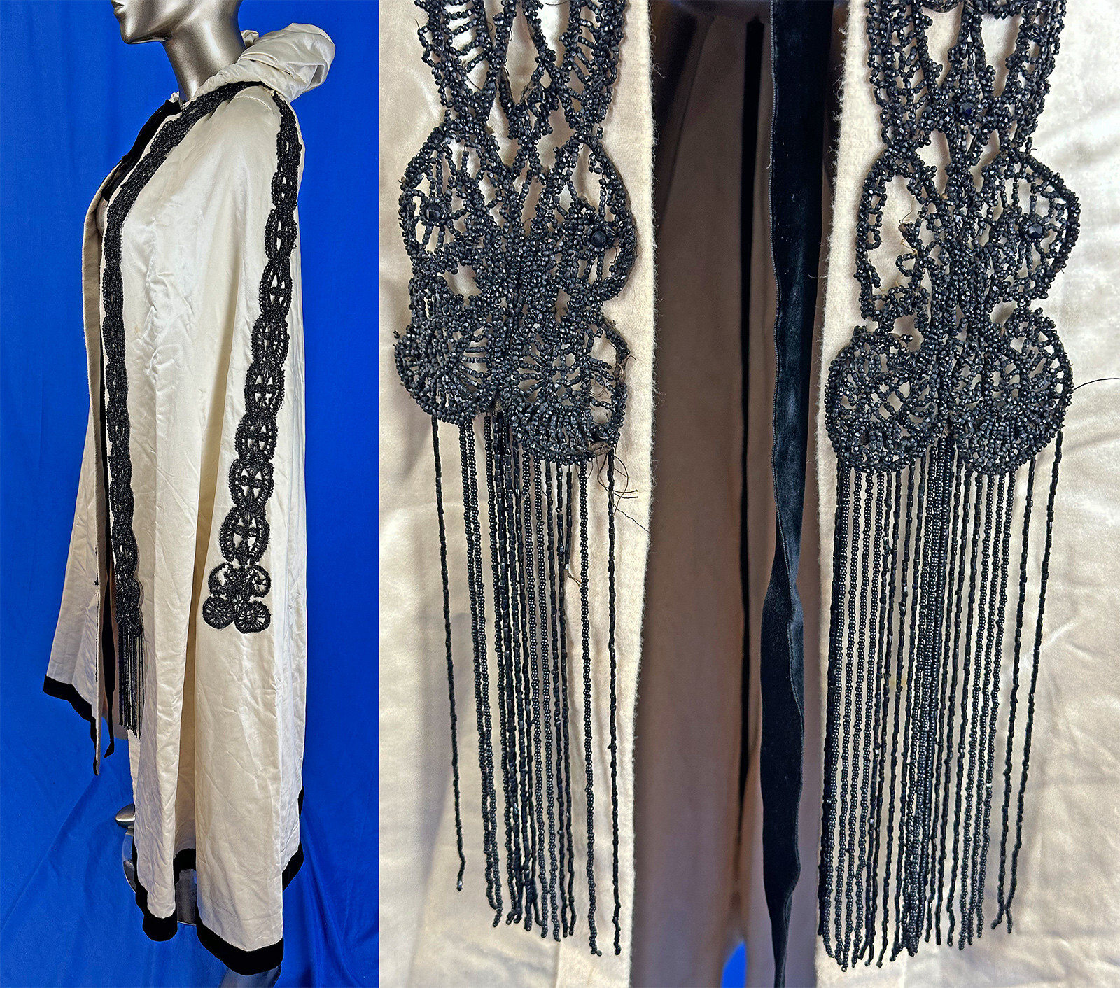 Victorian I Magnin & Co White Silk Black Jet Beaded Evening Opera Cloak Cape VTG