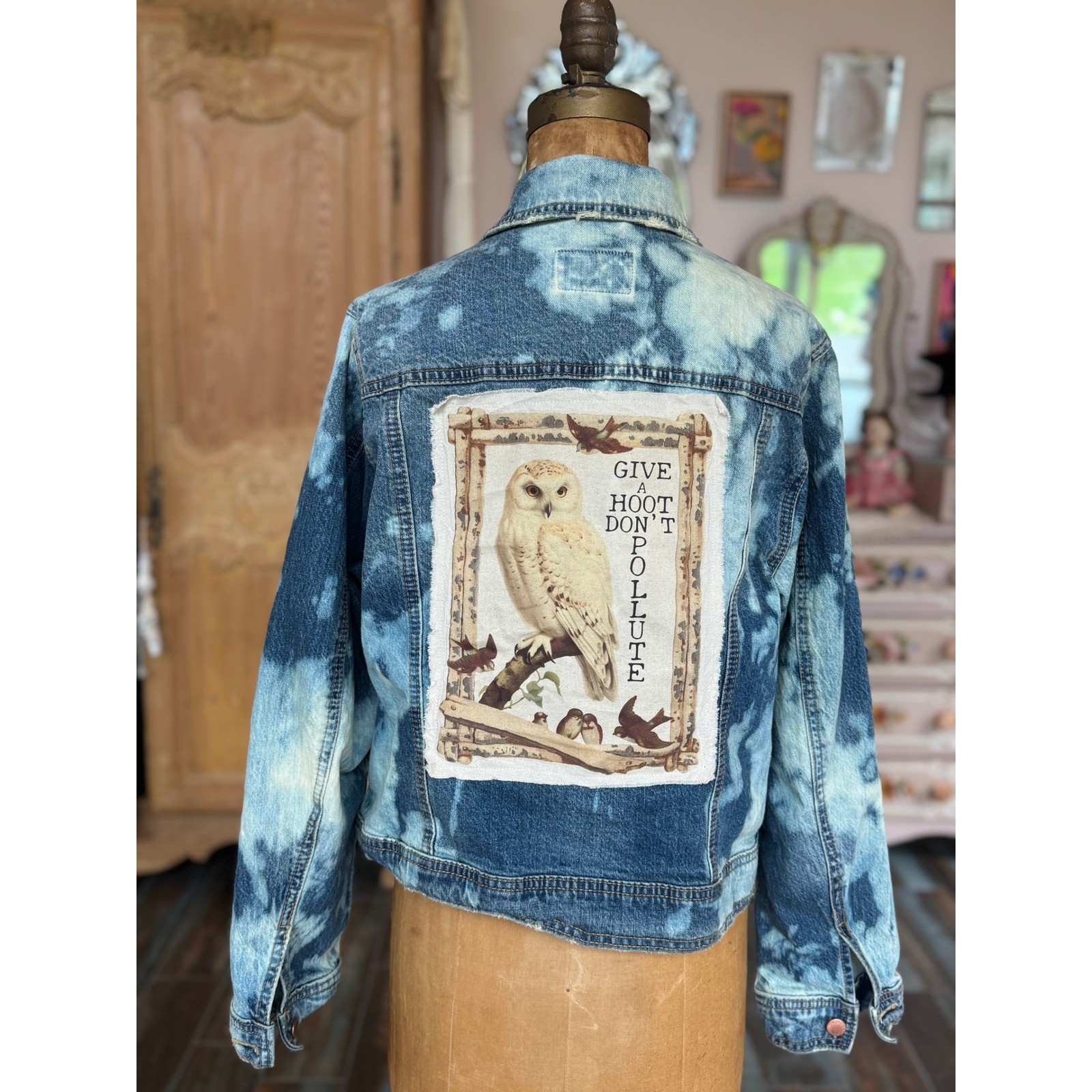 OOAK Bleached Owl Denim Jacket Give A Hoot Don’t Pollute Art Medium