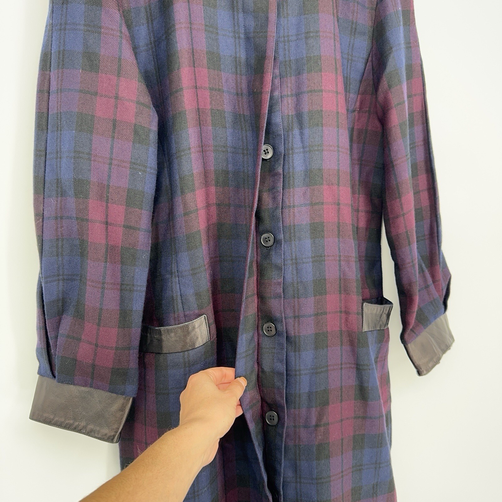 Ted Lapidus Couture Women’s Coat Navy Burgundy Plaid Leather Trim FR 42