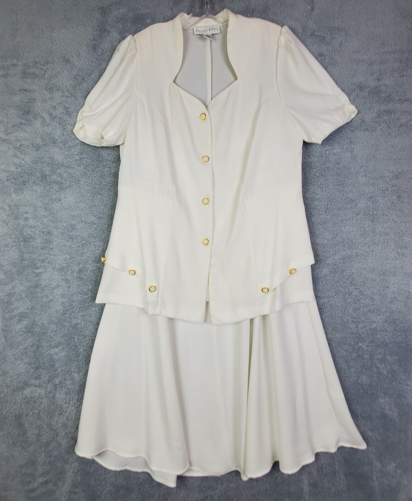Vtg 80s Allison Woods Skirt Suit Sz 18 White Single Breast Jacket Flared Skirt