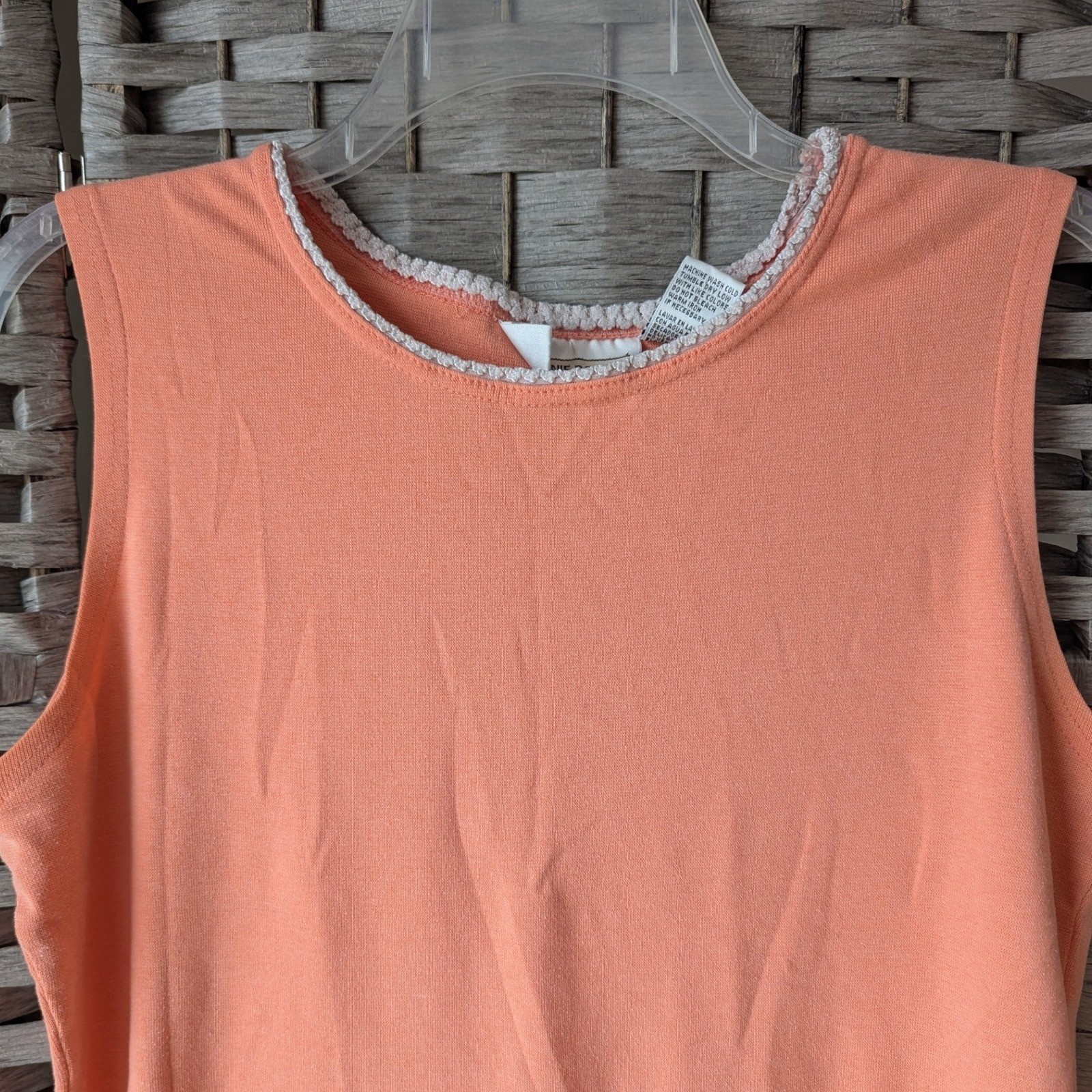 Vtg Knit Tank Top Shell Peach Crochet Neckline Trim Sleeveless XL Cottagecore