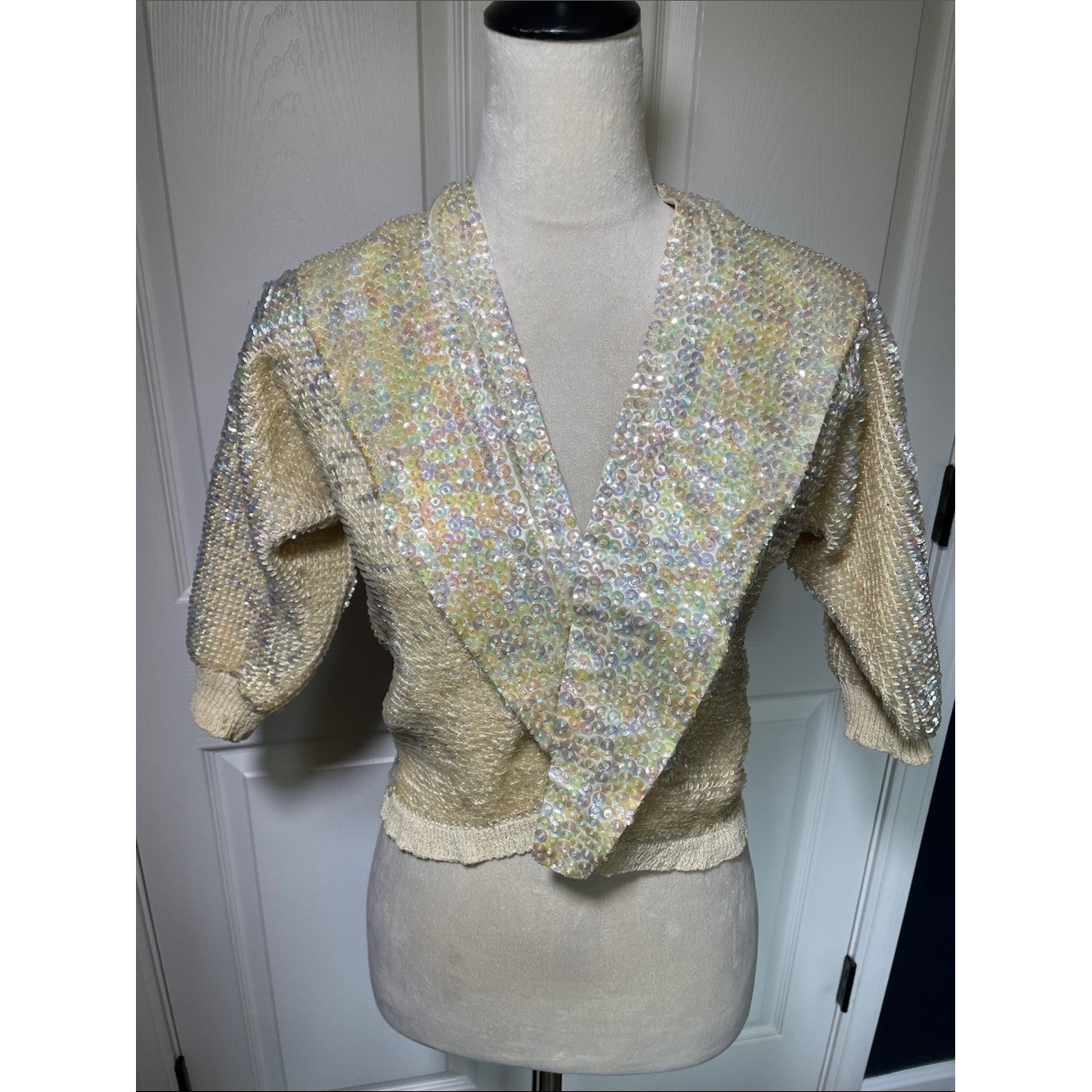 Vintage 50s Cream Wool Open Front Cardigan Sequined Removable Shawl Collar Small