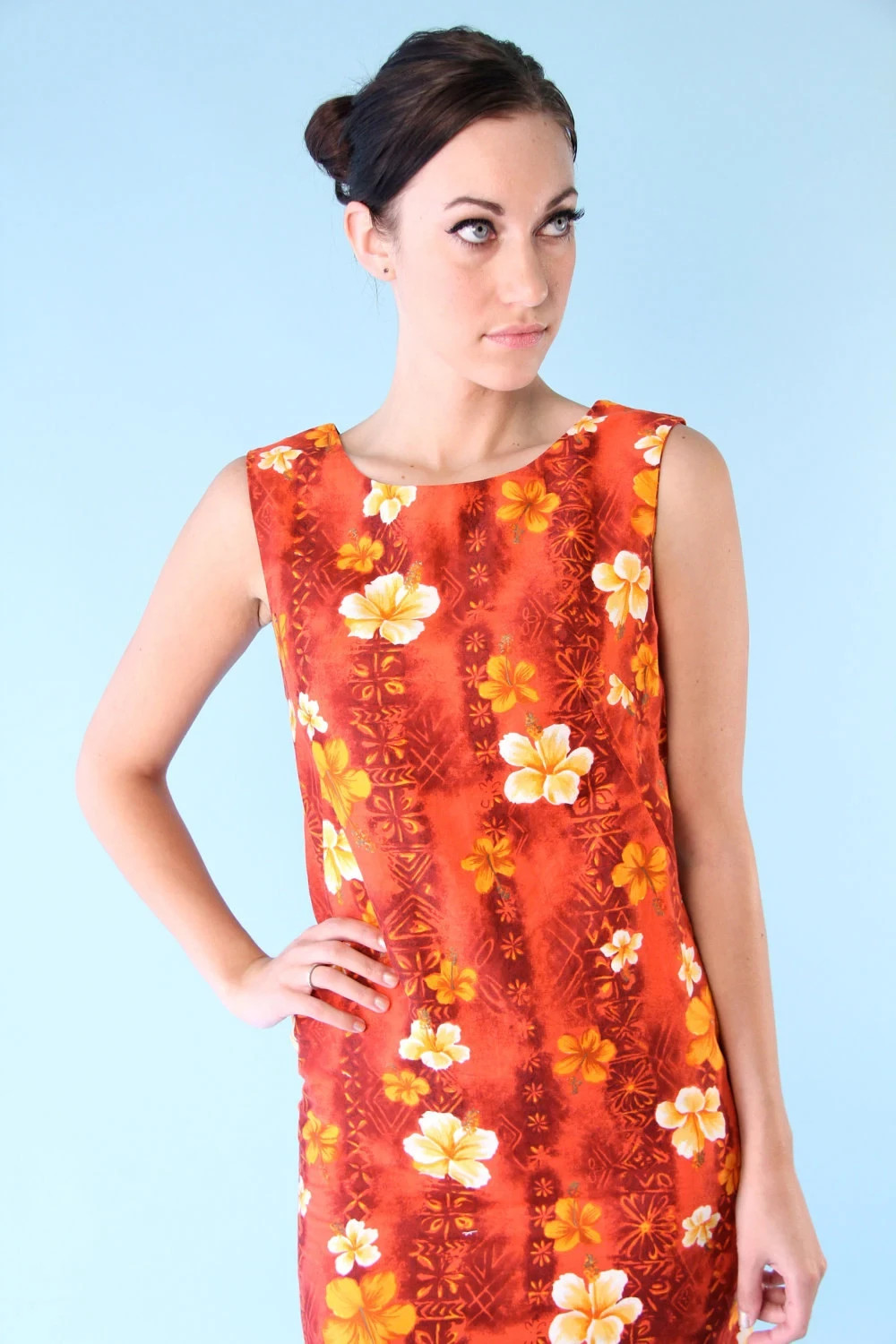VTG 60s Hawaiian Dress Sleeveless Tank Ankle Length Floral Red Orange Small S