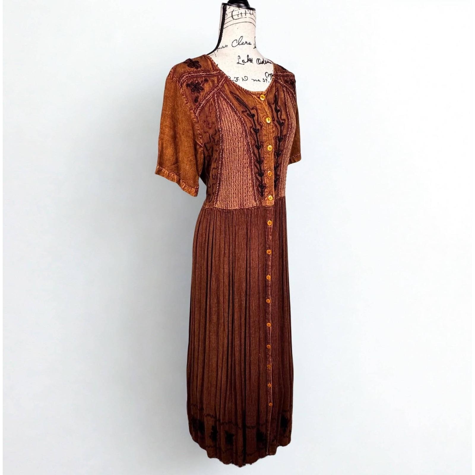Vtg Brown Maxi Dress Embroidered Tie Back Sz Medium Boho Renaissance Fairy