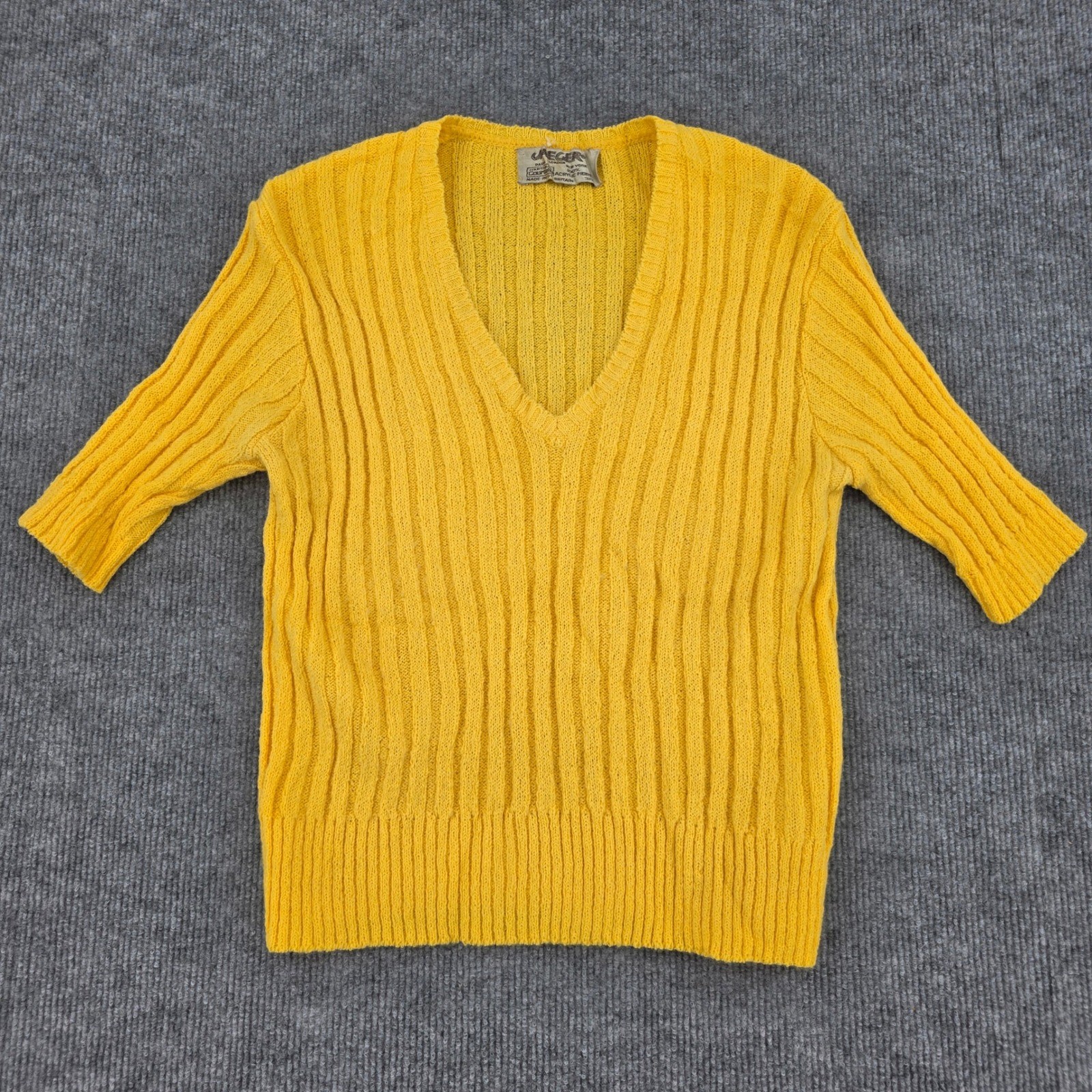 Vintage Jaeger London Yellow Ribbed V-Neck Knit Sweater Made in Great Britain 38